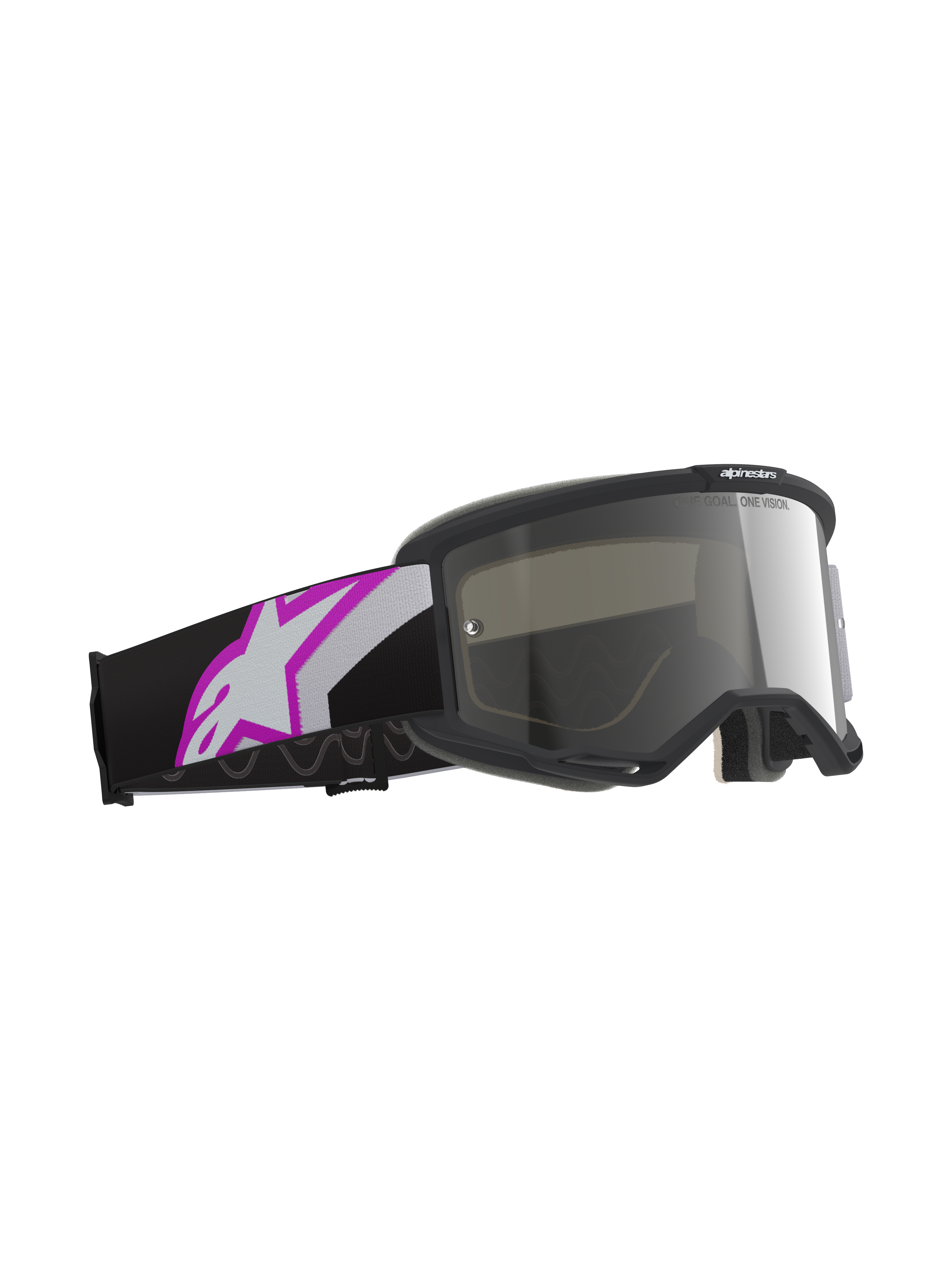 Alpinestars Vision 5 Corp Goggles, Light Gray frame with Purple Mirror Silver lens, motocross eyewear featuring a black strap with a large white and purple Astars logo, professional off-road racing gear.