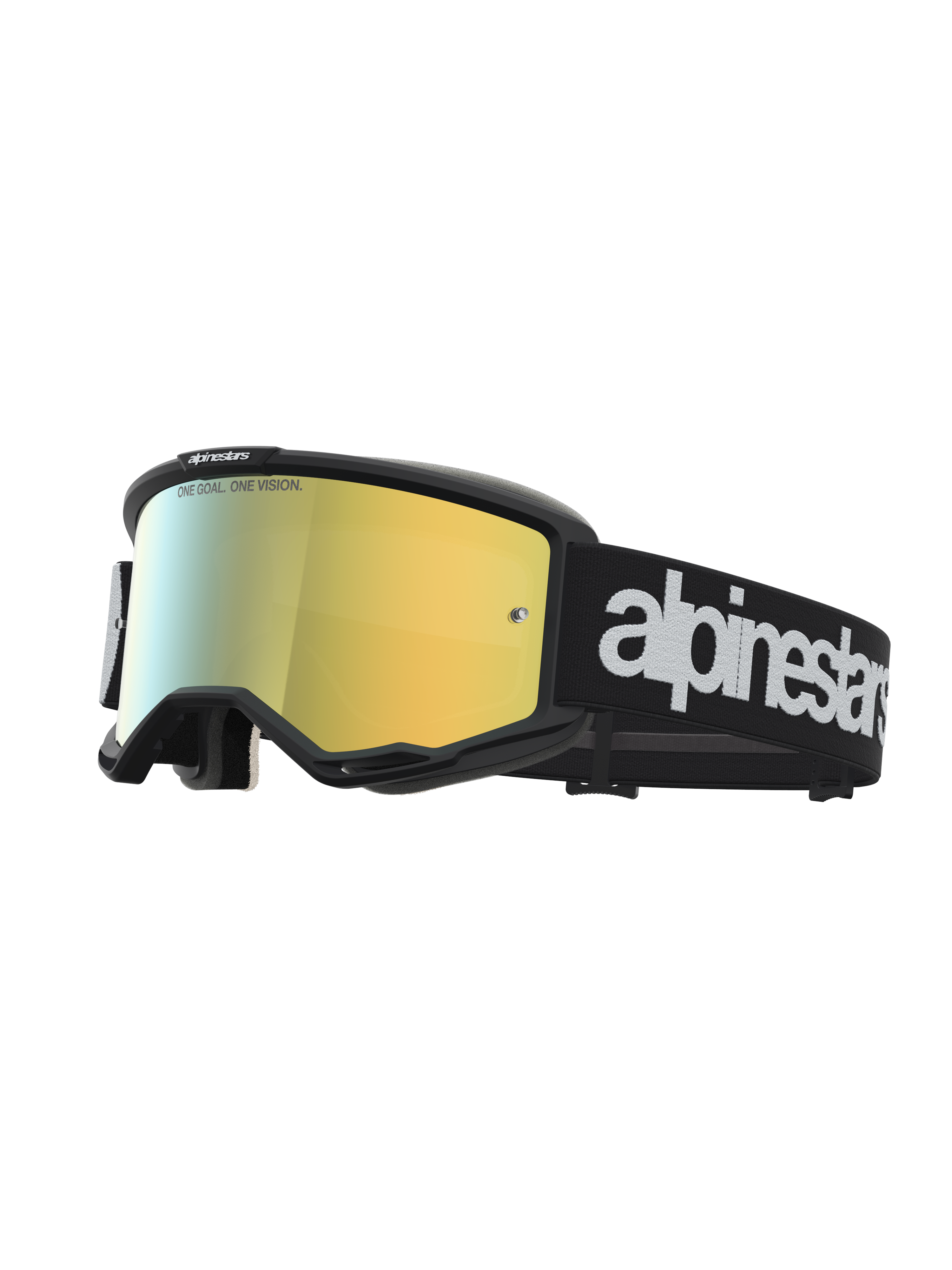 Alpinestars Vision 5 Hone Motocross Goggles with black A-FLEX frame, mirror gold lens, and white logo on a black strap.