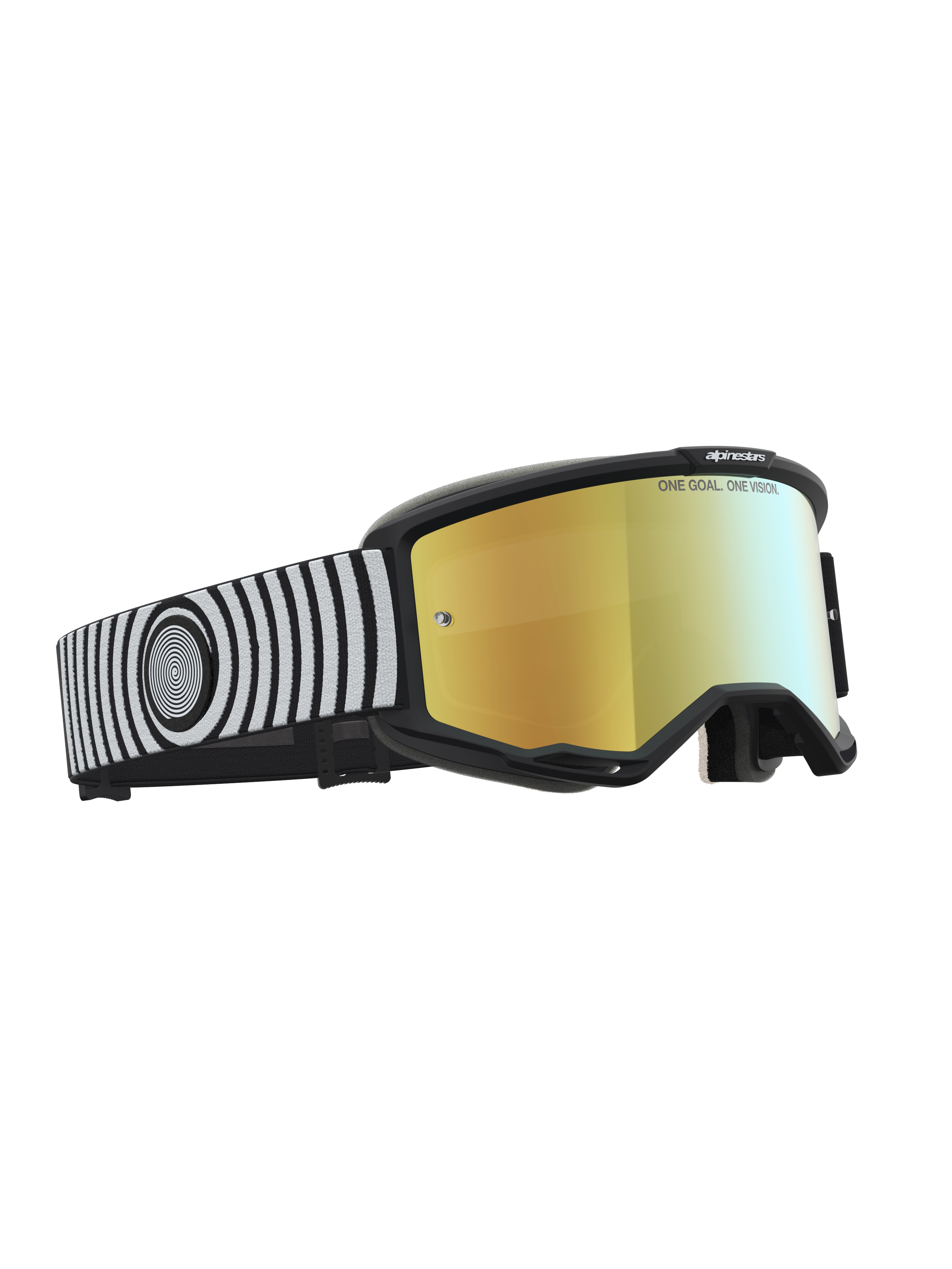 Alpinestars Vision 5 Hone Goggles, Black and White Motocross Goggles with Gold Mirror Lens and A-FLEX frame.