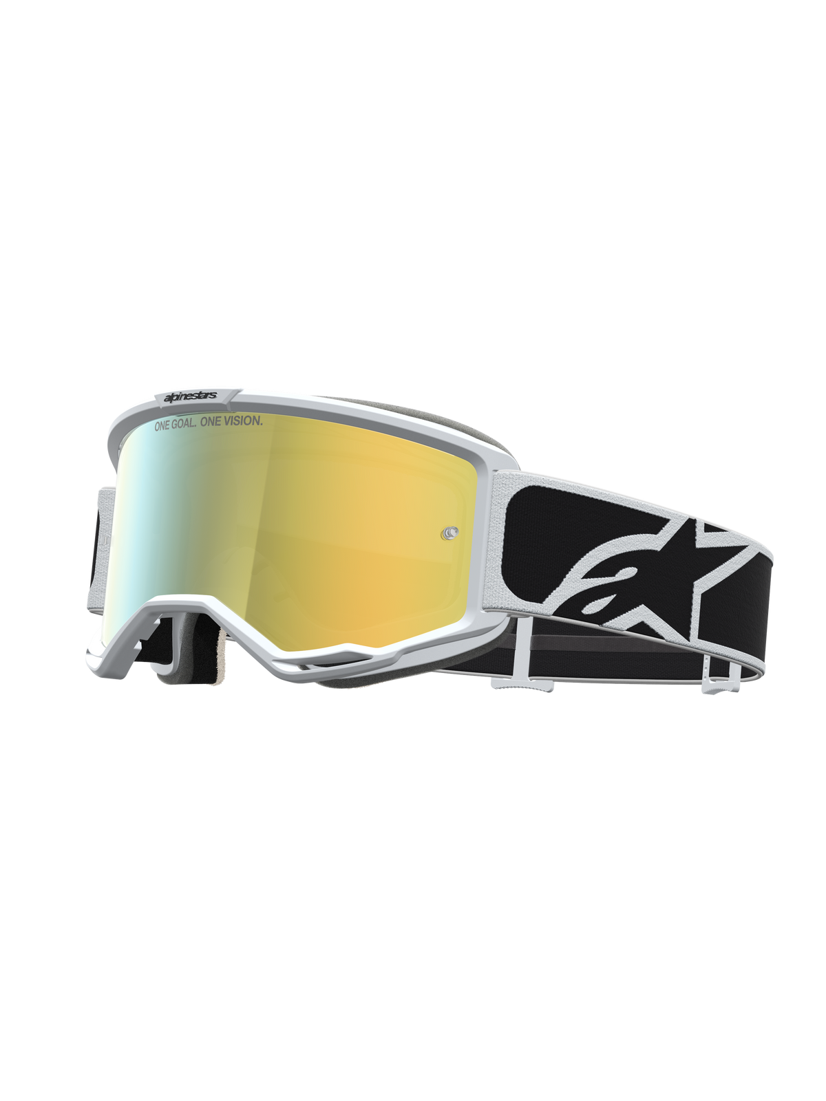 Alpinestars Vision 5 Rora Motocross Goggles feature a white frame, reflective mirror gold lens, and black logo strap.