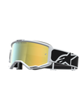 Alpinestars Vision 5 Rora Motocross Goggles feature a white frame, reflective mirror gold lens, and black logo strap.