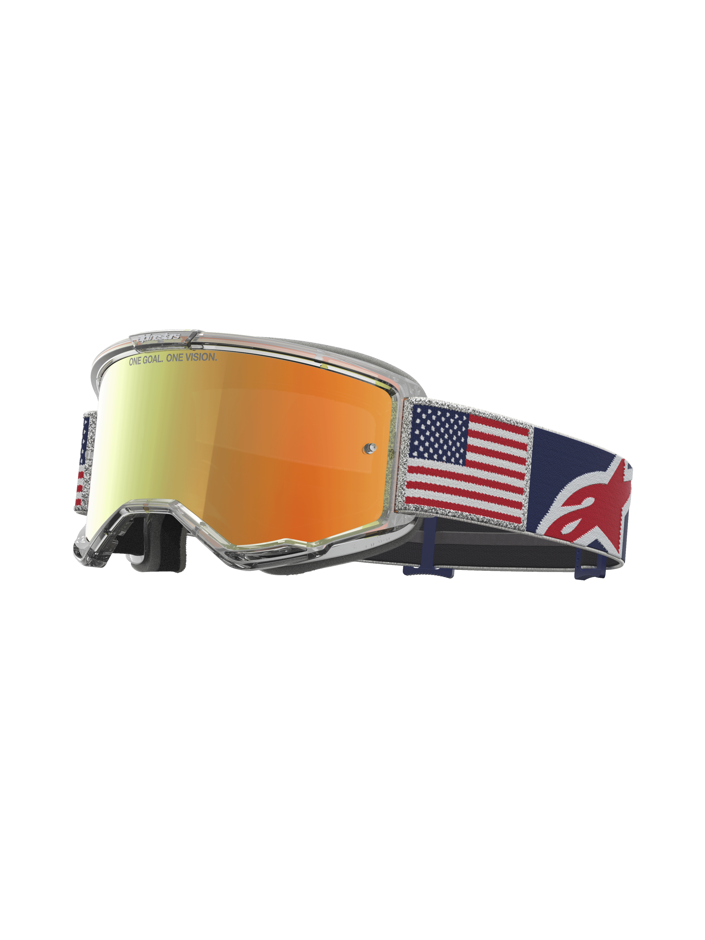 Alpinestars Limited Edition Vision 5 Fiftyfold Motocross Goggles, Mirror Red lens, Blue Red and White US flag strap, clear A-FLEX frame with RAM-AIR ventilation.