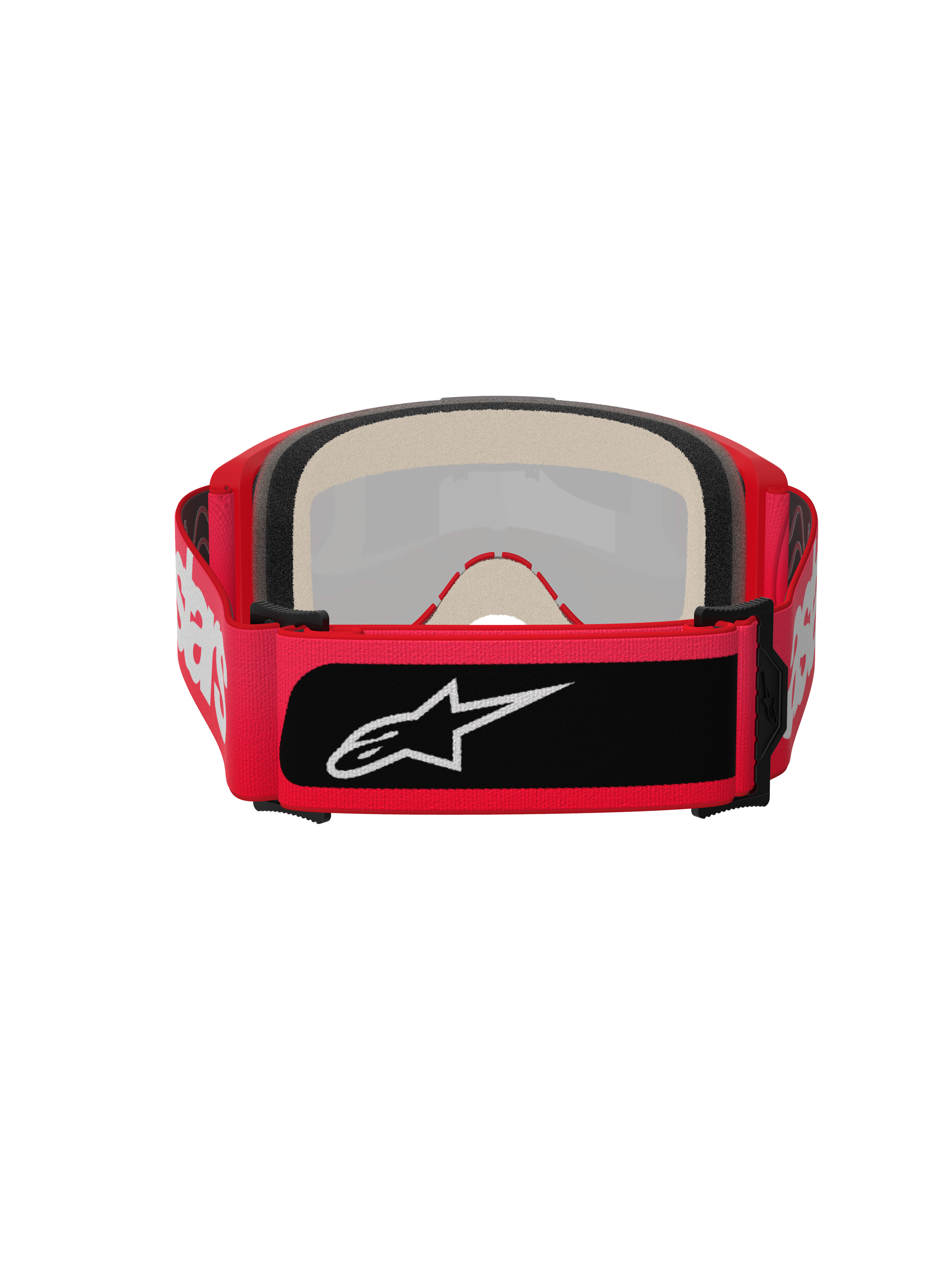 Alpinestars Vision 5 Blaze Goggles, Motocross Goggles, Red, rear view featuring thick multi-layer face foam and a wide adjustable strap with white Alpinestars lettering and a black logo patch