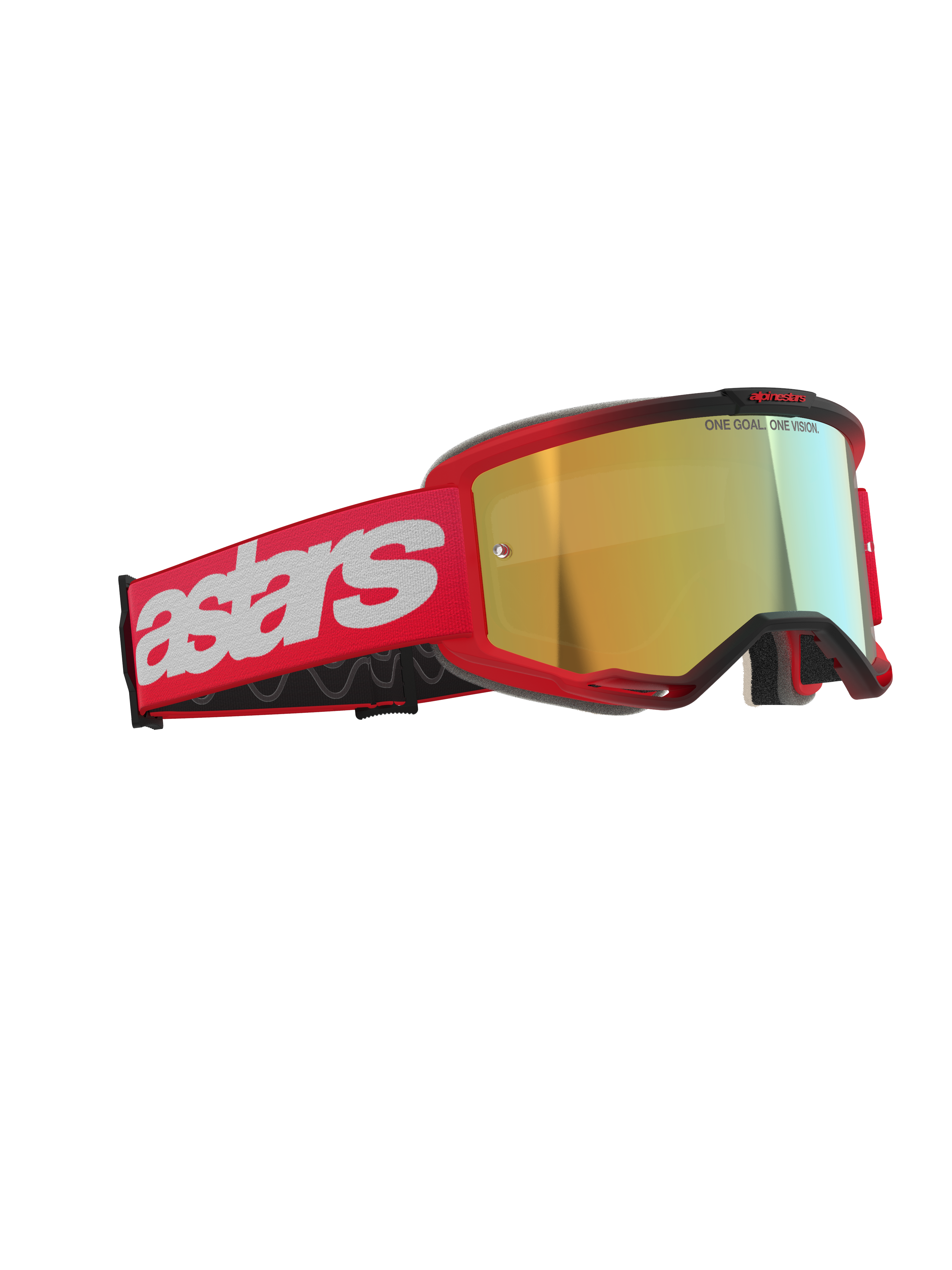 Alpinestars Vision 5 Blaze Goggles, Motocross Goggles, Red with Gold Mirror Lens, featuring a red woven strap with a large white astars logo and 'ONE GOAL. ONE VISION.' text on the lens, high-performance eye protection for off-road racing