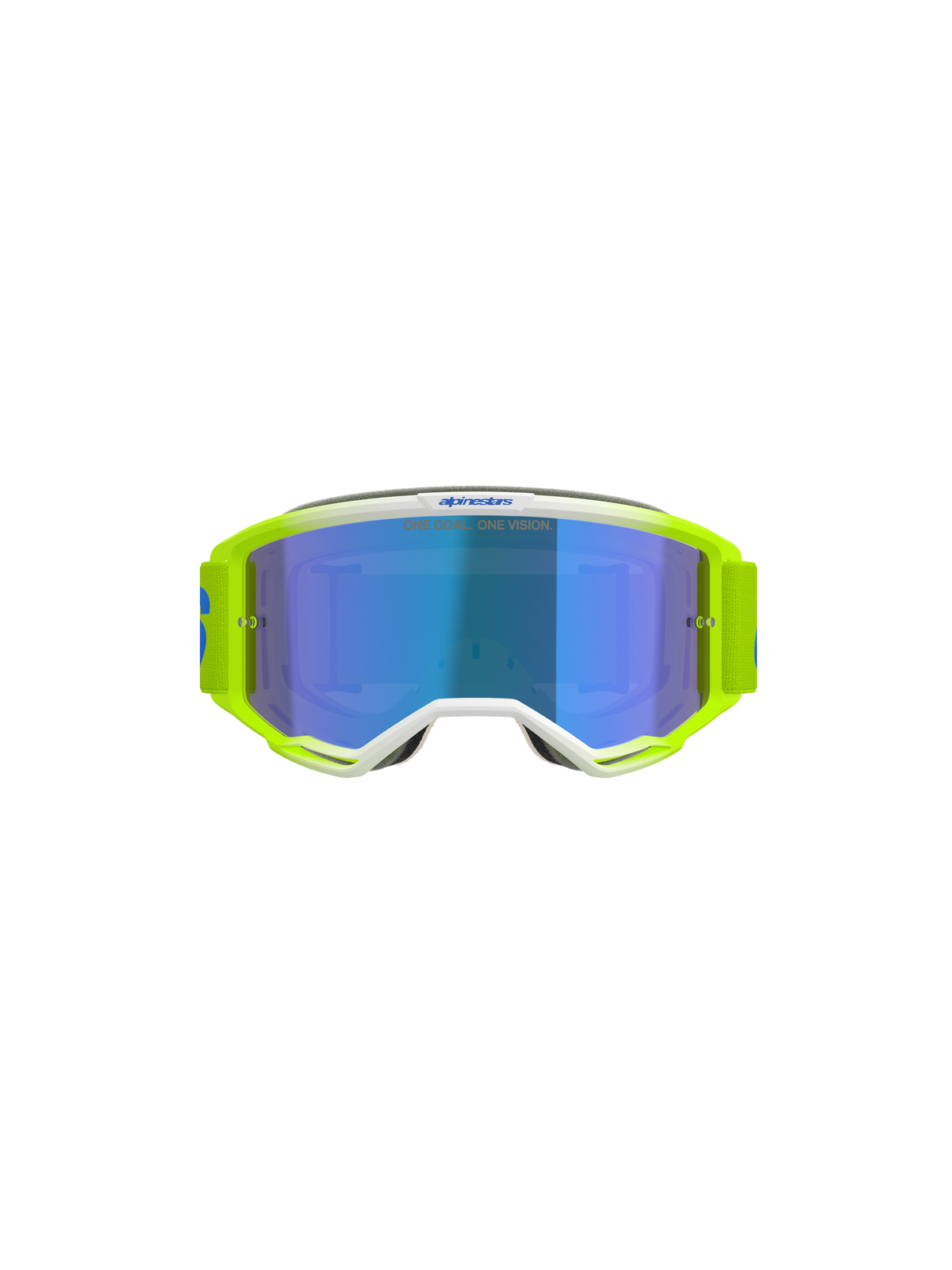 Alpinestars Vision 5 Blaze Goggles, Motocross Goggles, Fluo Yellow and Blue, featuring a Blue Mirror lens, white frame detailing, and a wide adjustable strap with Alpinestars branding, professional eye protection for off-road and motocross racing