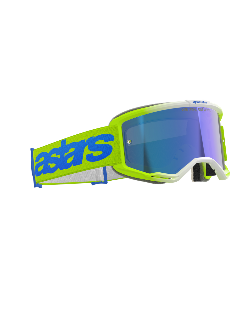 Alpinestars Vision 5 Blaze Goggles, Motocross Goggles, Fluo Yellow and Blue, Mirror Blue Lens, wide yellow woven strap with bold blue 'astars' logo, professional protective eyewear for off-road racing