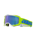 Alpinestars Vision 5 Blaze Goggles, Motocross Goggles, Fluo Yellow and Blue, featuring a blue mirror-tinted lens, neon yellow frame with white trim, adjustable strap with bold blue Astars branding, performance off-road racing eye protection