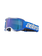 Alpinestars Vision 5 Blaze Goggles, Motocross Goggles, Blue and White, featuring a reflective blue mirror lens, wide blue strap with bold white astars branding, curved frame with white accents, thick black foam padding, professional off-road racing eyewear