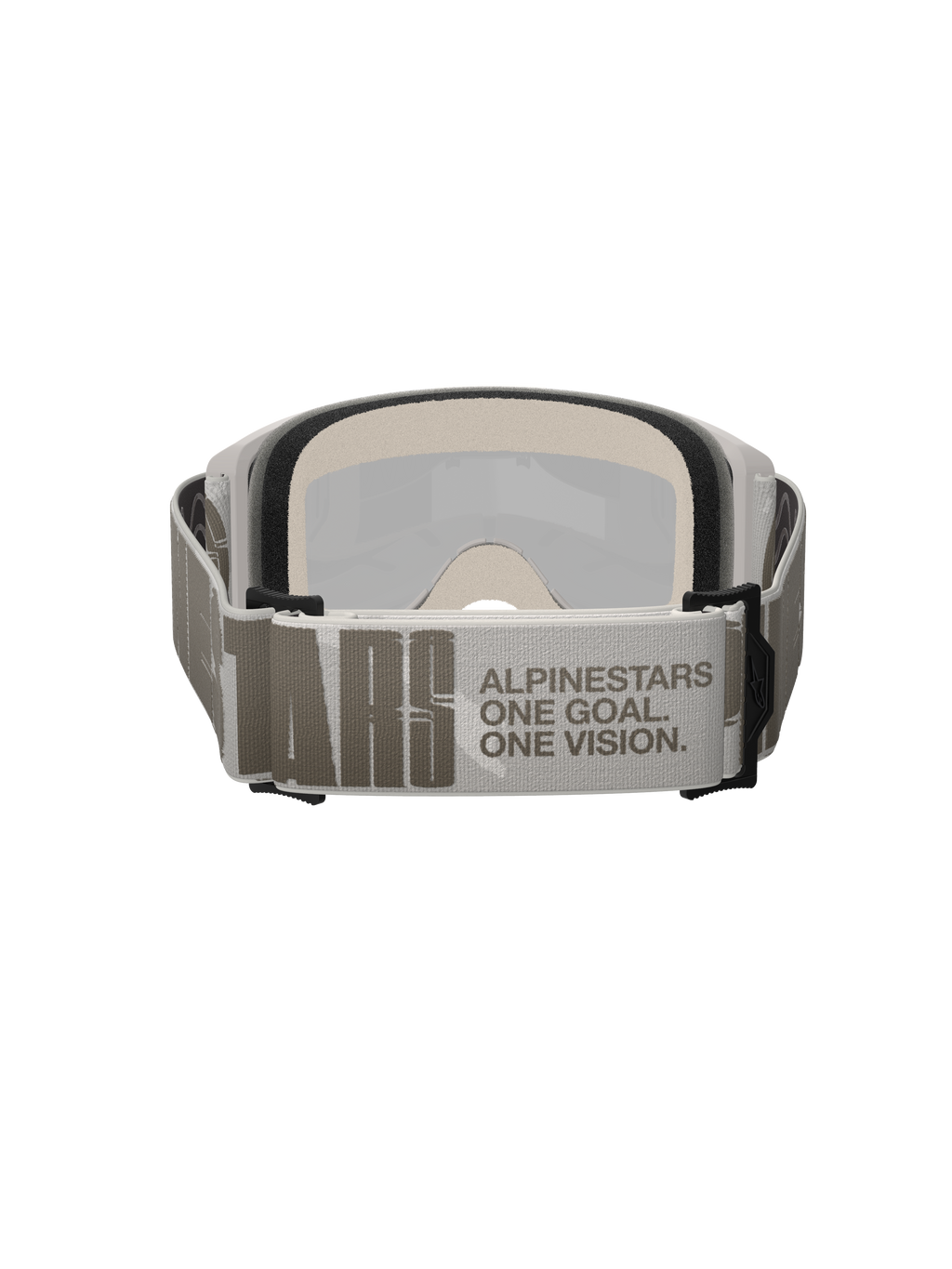 Alpinestars Vision 5 Hollow Goggles, Motocross Goggles, White and Light Gray, Rear view featuring a wide woven strap with 'ALPINESTARS ONE GOAL. ONE VISION.' branding, thick multi-layer face foam, high-performance off-road eyewear