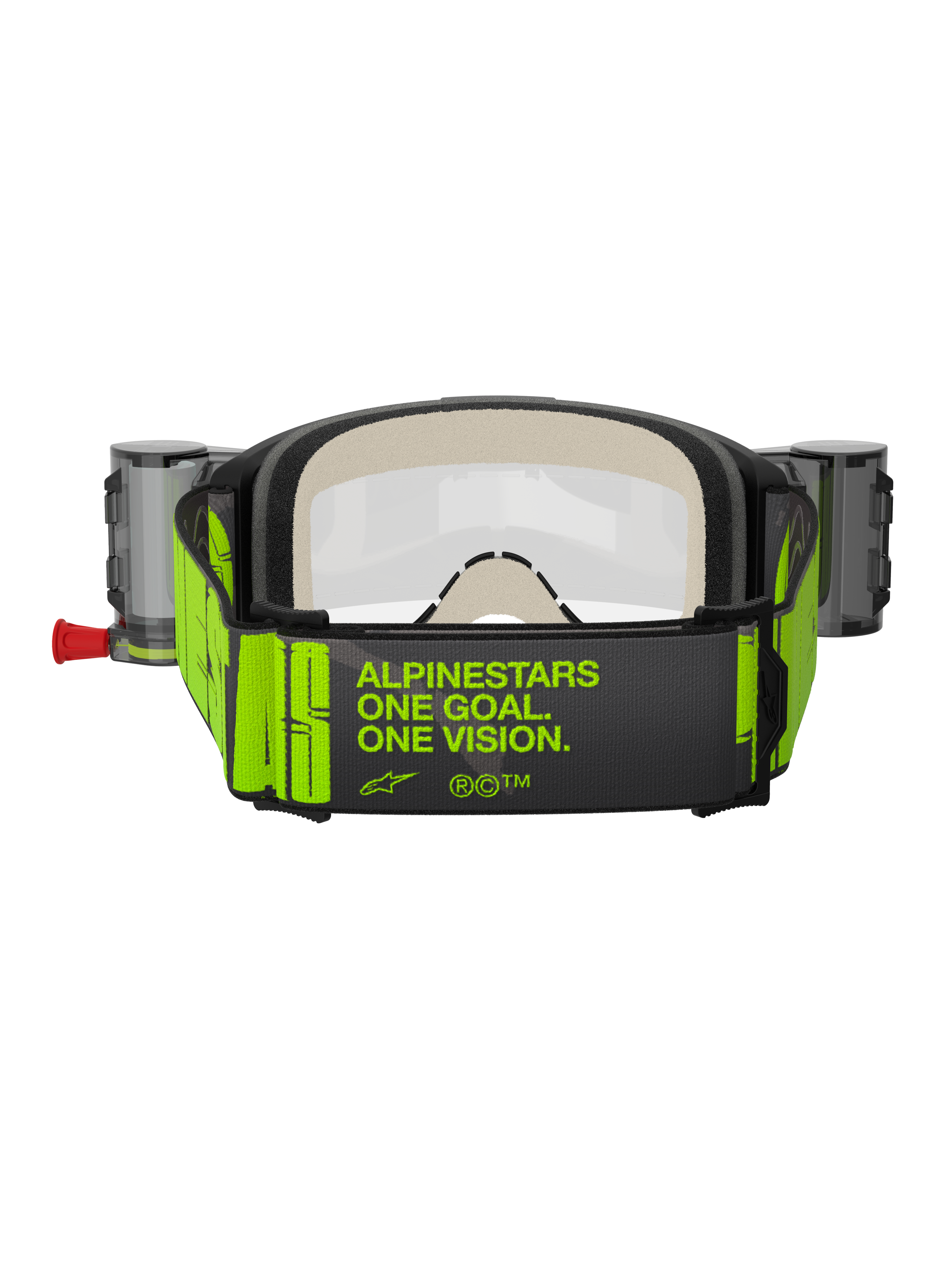 Alpinestars Vision 5 Hollow Goggles Roll Off, Motocross Goggles, Charcoal and Fluo Yellow, rear view of wide woven strap featuring 'ALPINESTARS ONE GOAL. ONE VISION.' slogan in neon yellow, thick multi-layer face foam, roll-off system canisters