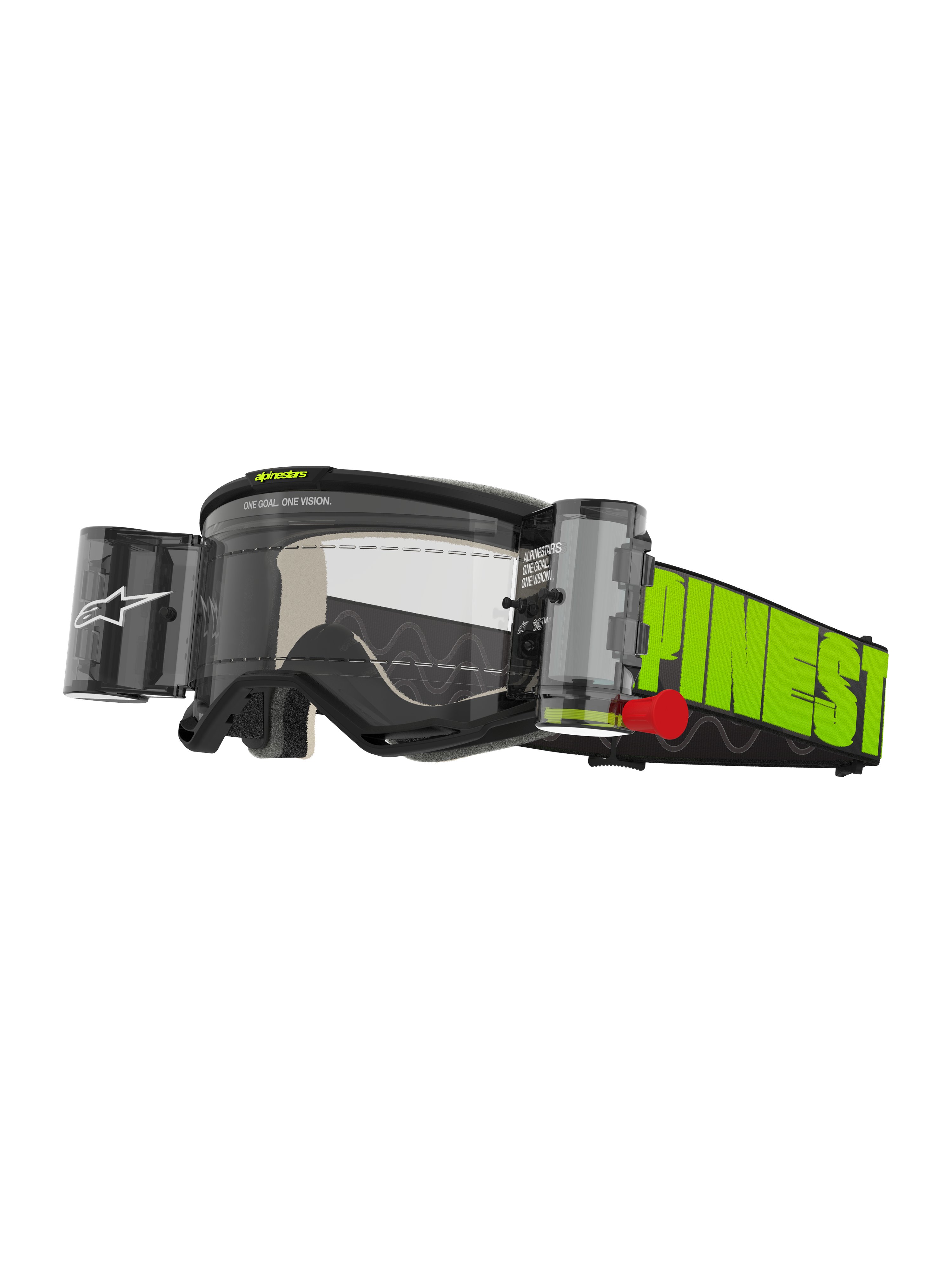 Alpinestars Vision 5 Hollow Goggles Roll Off, Motocross Goggles, Charcoal and Fluo Yellow, clear anti-fog lens with integrated WIDE-VISION roll-off system, bold fluo yellow strap with black branding, durable off-road protective eyewear