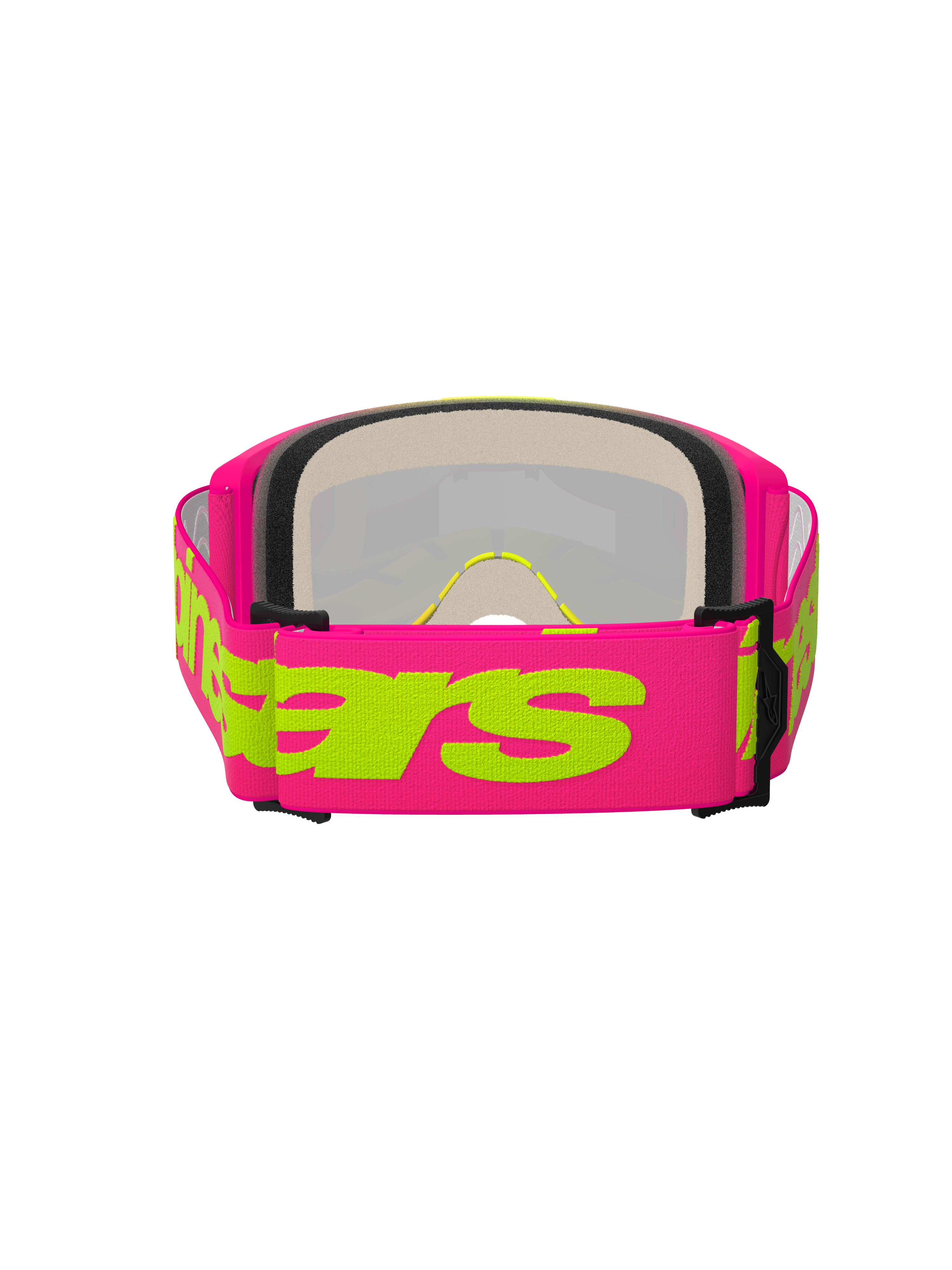 Alpinestars Vision 5 Wordmark Goggles, Motocross Goggles, Pink and Fluo Yellow, rear view highlighting the wide pink woven strap with yellow Alpinestars wordmark, multi-layer face foam, and lightweight urethane frame.