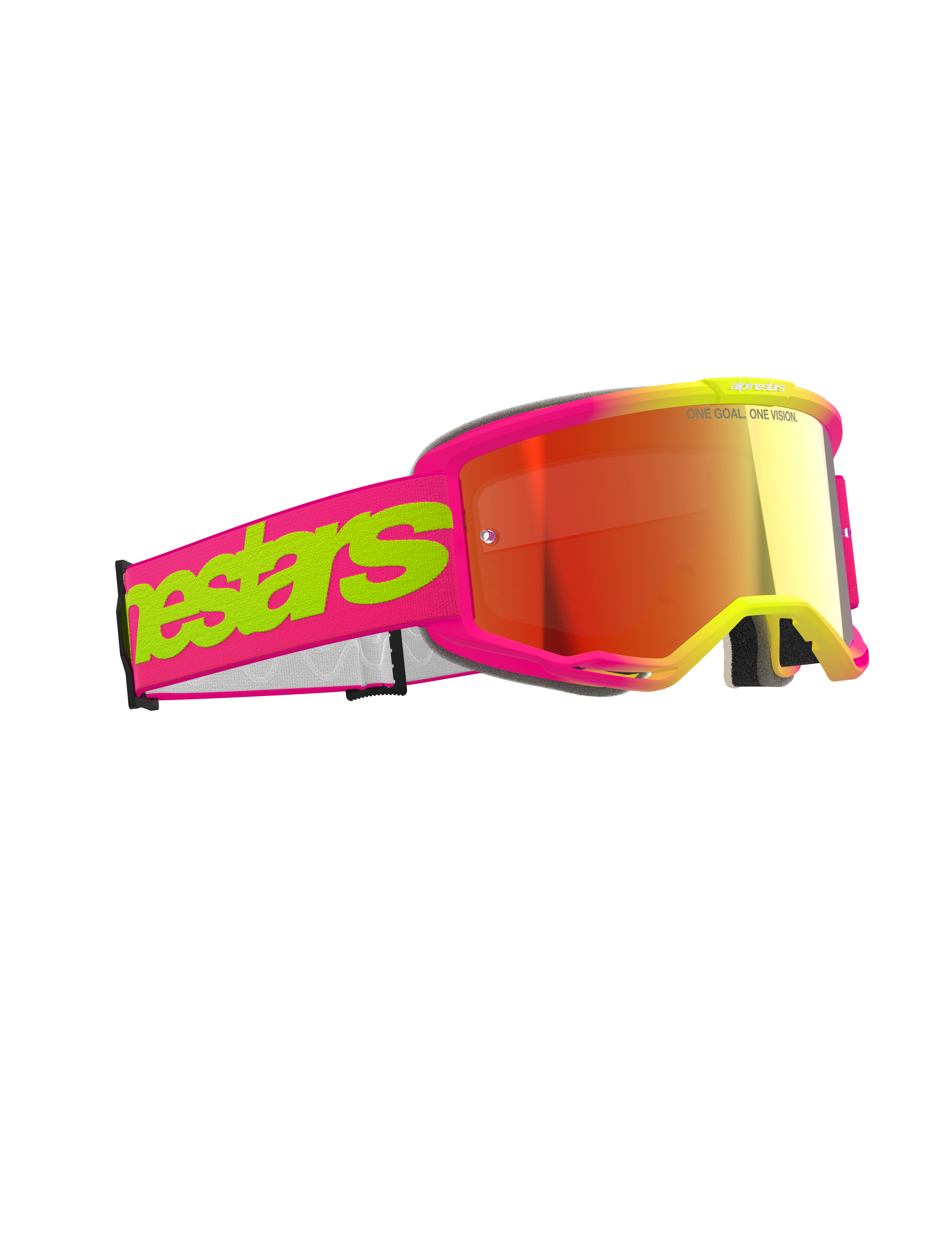 Alpinestars Vision 5 Wordmark Goggles, Motocross Goggles, Pink and Fluorescent Yellow with Red Mirror Lens, bold wordmark on the strap, flexible frame, high-performance eye protection for off-road racing