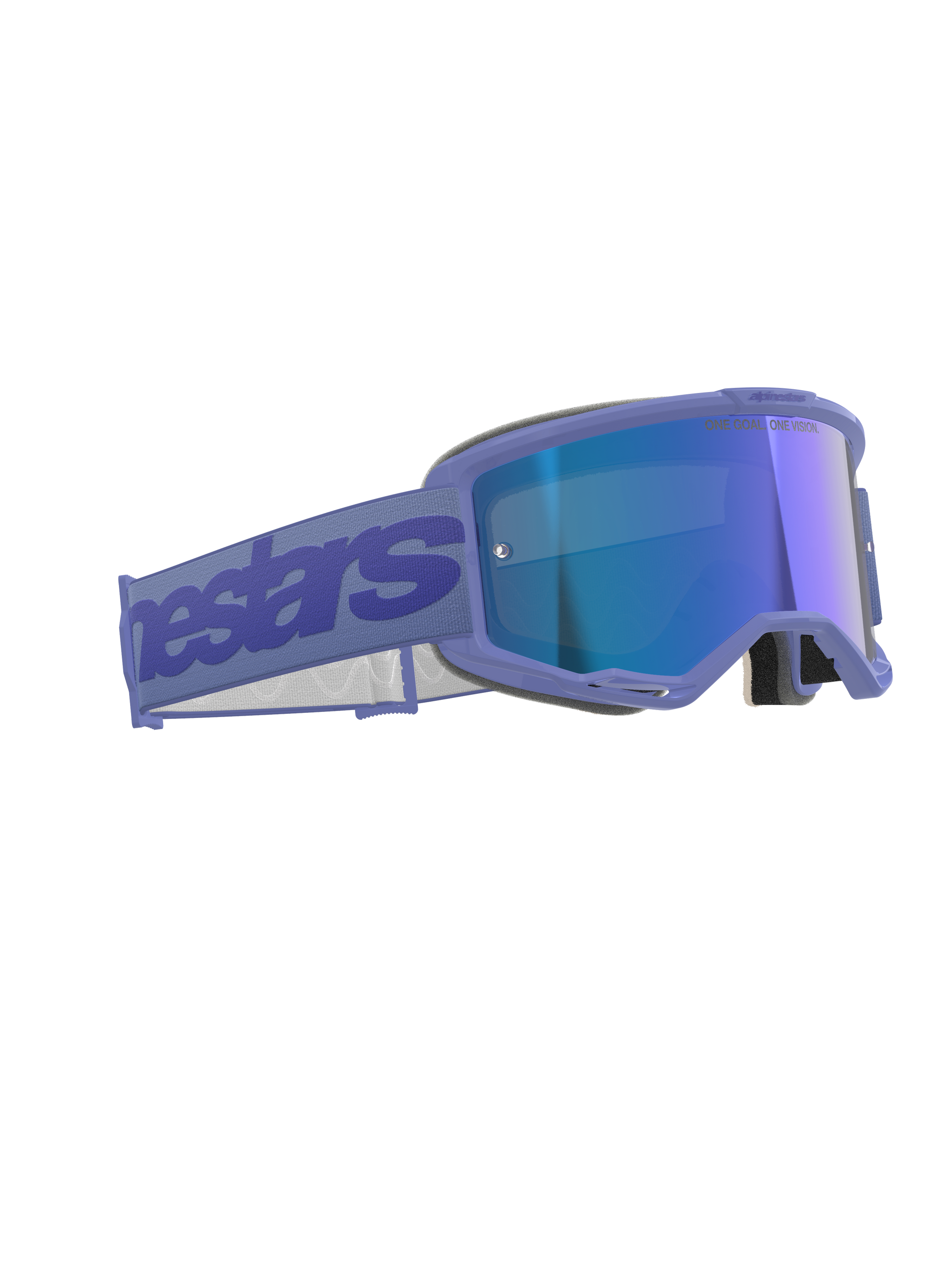 Alpinestars Vision 5 Wordmark Goggles, Motocross Goggles, Purple Mirror Blue, featuring a purple frame with reflective blue lens, wide purple strap with Alpinestars branding, ergonomic design for off-road racing