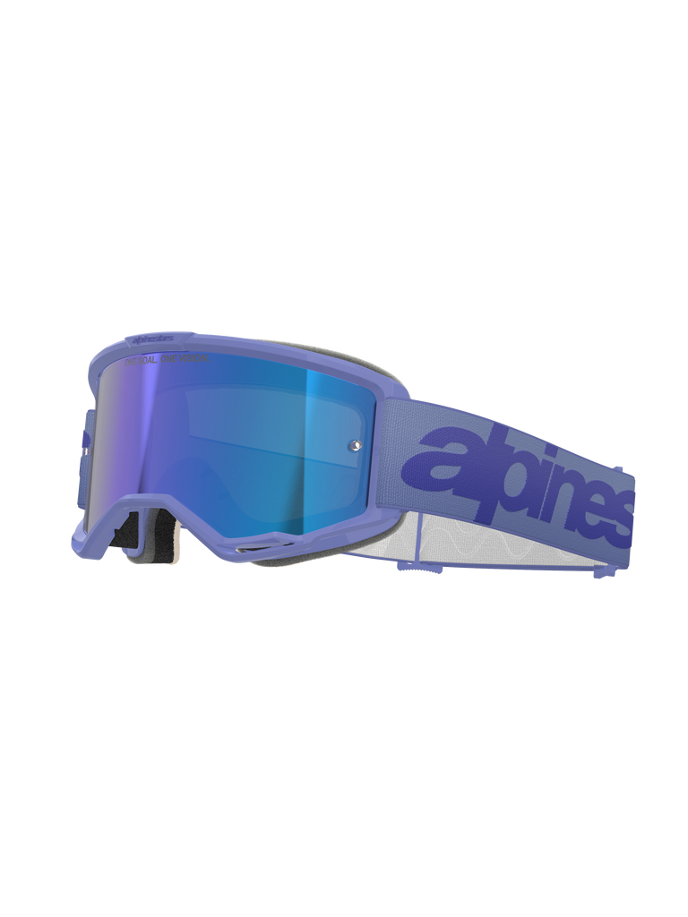 Alpinestars Vision 5 Wordmark Goggles, Motocross Goggles, Purple Mirror Blue, featuring a purple frame and blue mirrored lens, wide purple woven strap with dark blue wordmark, professional off-road eye protection.
