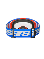 Alpinestars Vision 8 Wordmark Goggles Dual Pane, Motocross Goggles, Blue Orange and Clear, back view featuring a wide blue strap with white Alpinestars wordmark, black multi-layer face foam, and clear dual-pane lens