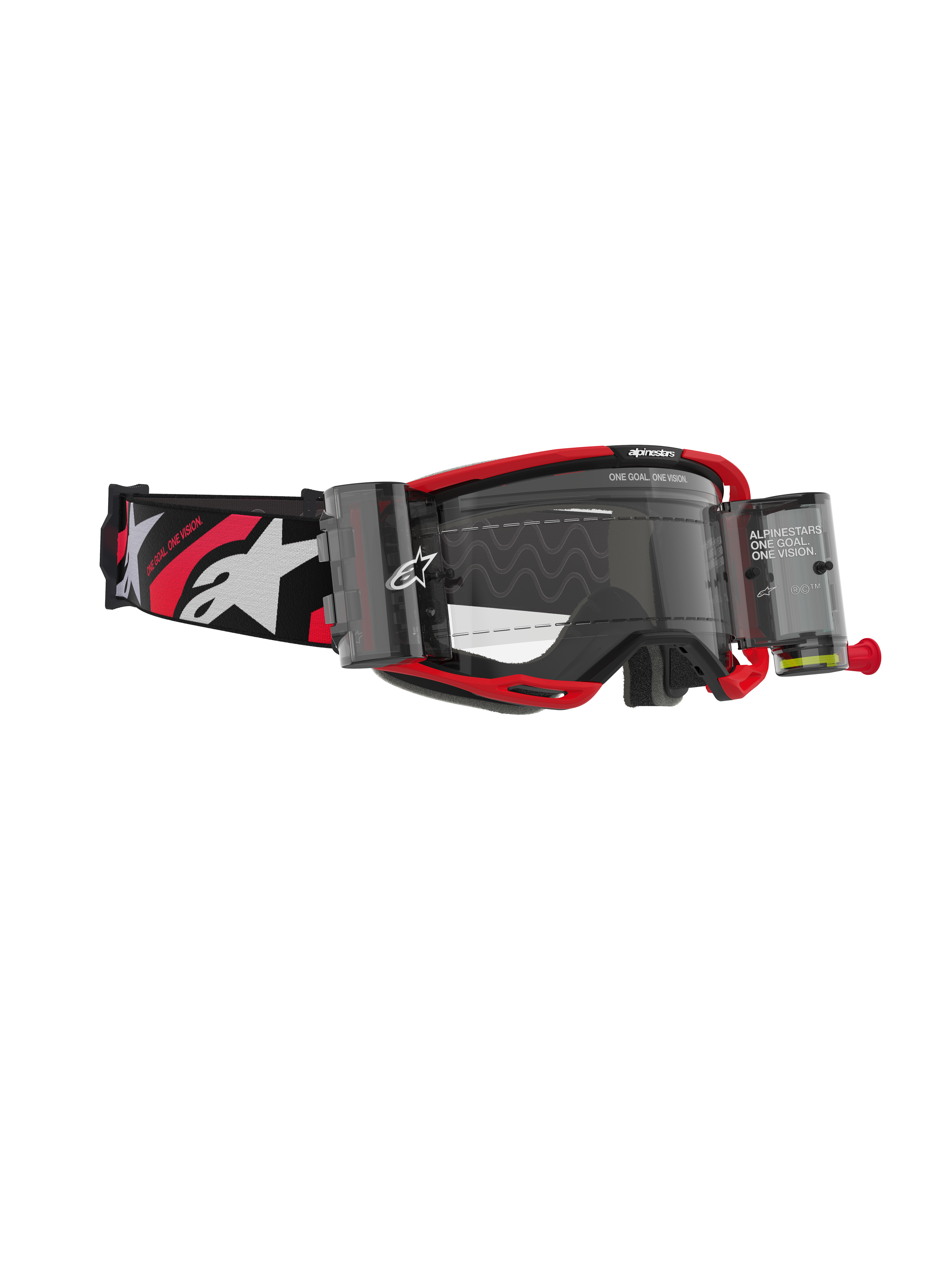 Alpinestars Vision 8 Luar Goggles Roll Off, Motocross Goggles, Red and Black frame with clear lens, featuring integrated roll-off system and wide black strap with white logos and red accents