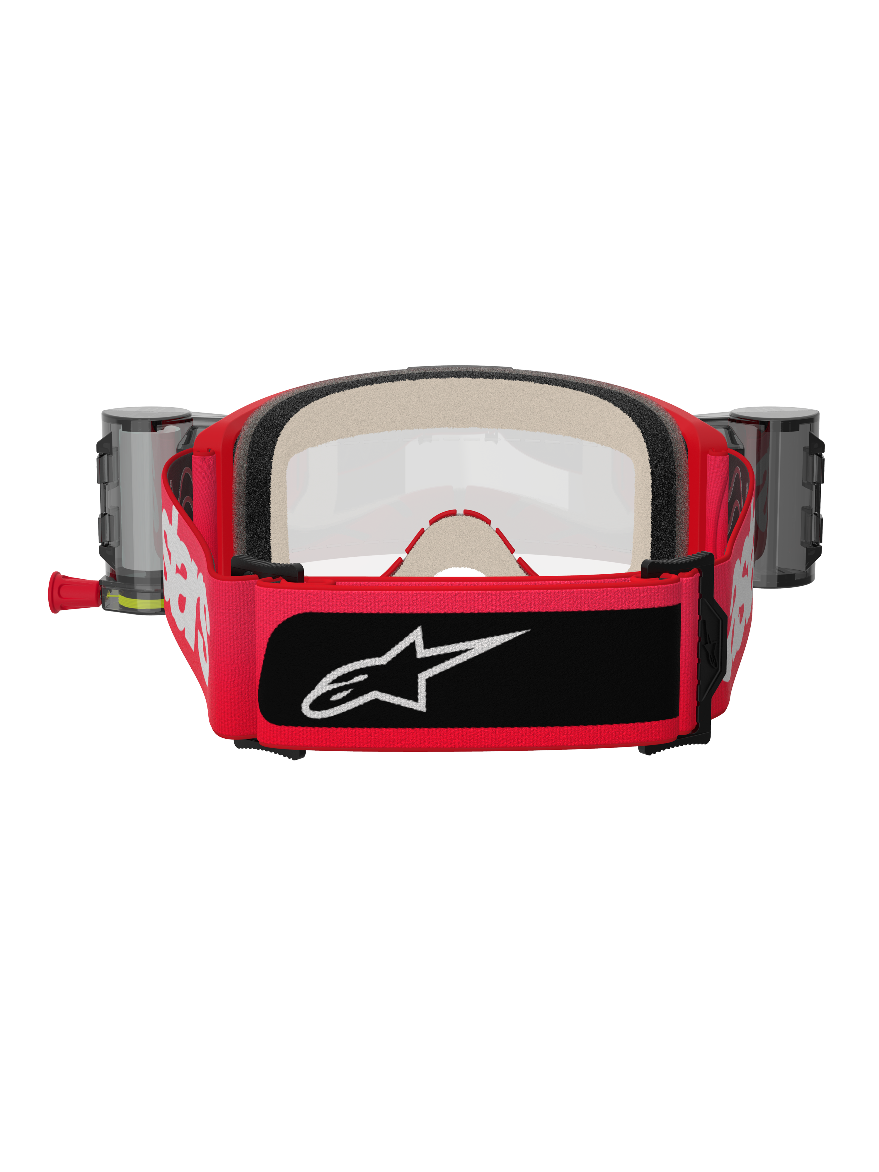 Alpinestars Vision 5 Blaze Goggles Roll Off, Red and Black, Rear view showing wide woven strap with white branding and black logo patch, thick multi-stage face foam, and Wide Vision Roll-Off system canisters on the sides, motocross protective gear