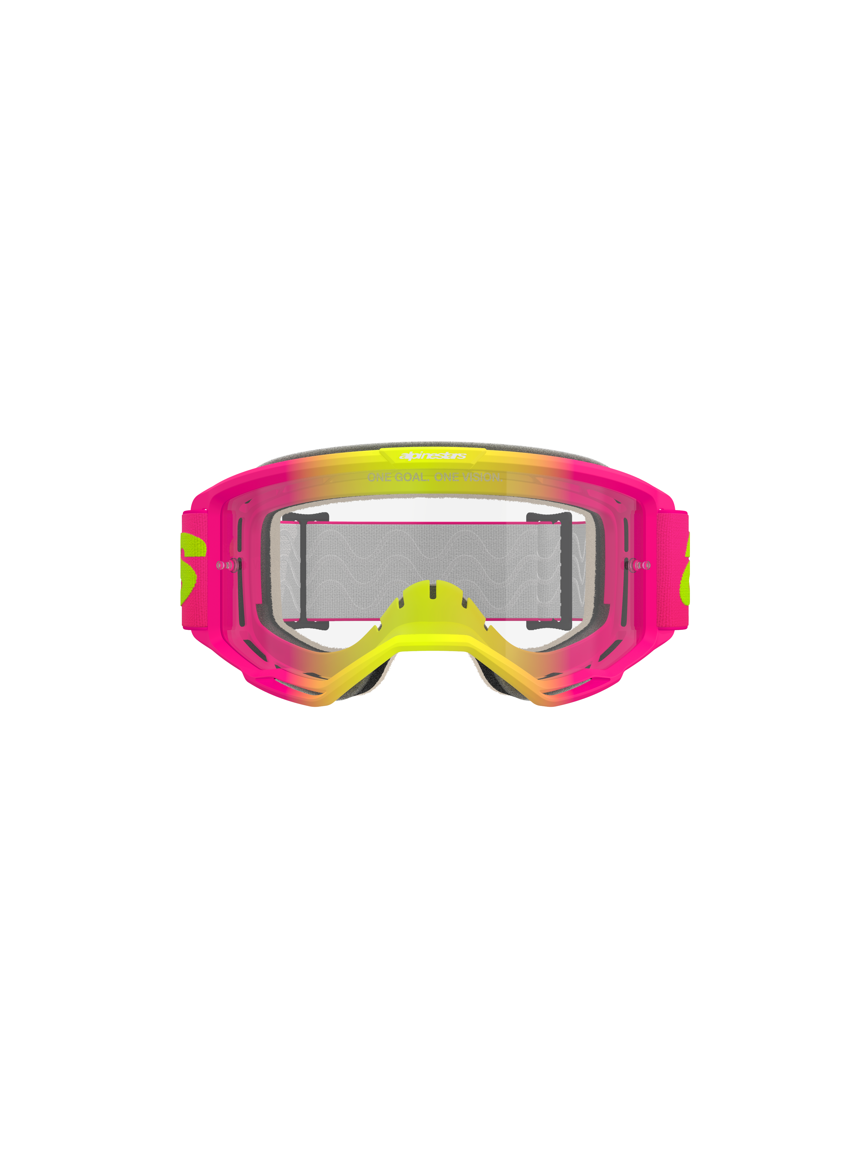 Alpinestars Vision 5 Wordmark Goggles, Motocross Goggles, Pink and Fluo Yellow with Clear Lens, vibrant gradient frame, wide woven strap with yellow branding, high-performance eye protection for off-road riding