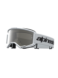 Alpinestars Vision 3 Wordmark Mirror Goggles, white motocross goggles with mirror silver anti-fog lens and black wordmark strap.