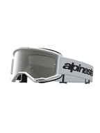 Alpinestars Vision 3 Wordmark Mirror Goggles, white motocross goggles with mirror silver anti-fog lens and black wordmark strap.