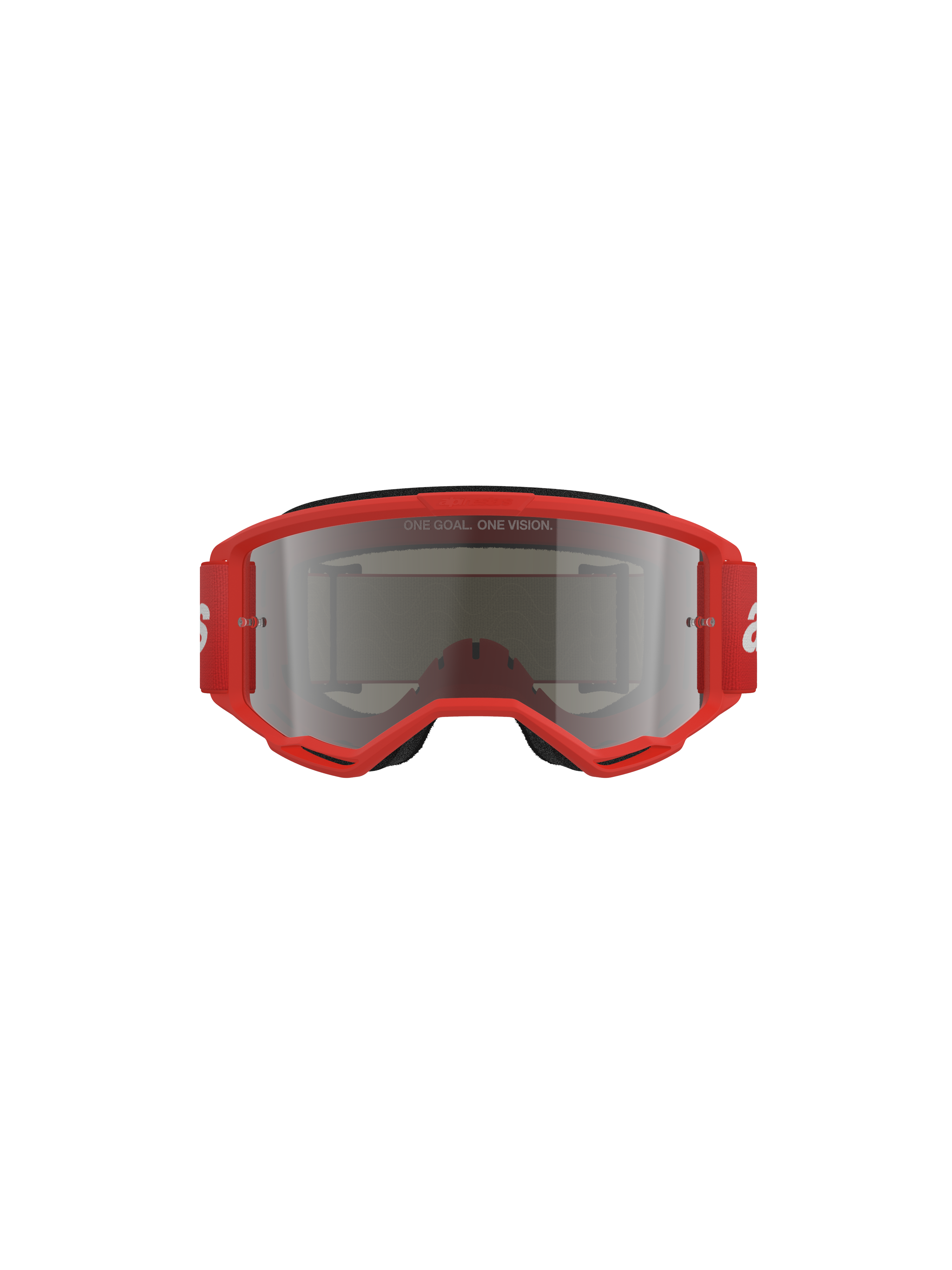 Alpinestars Vision 3 Wordmark Goggles, Motocross Goggles, Red frame with Silver Mirror lens, front view featuring 'ONE GOAL. ONE VISION.' text on the lens and a wide red strap