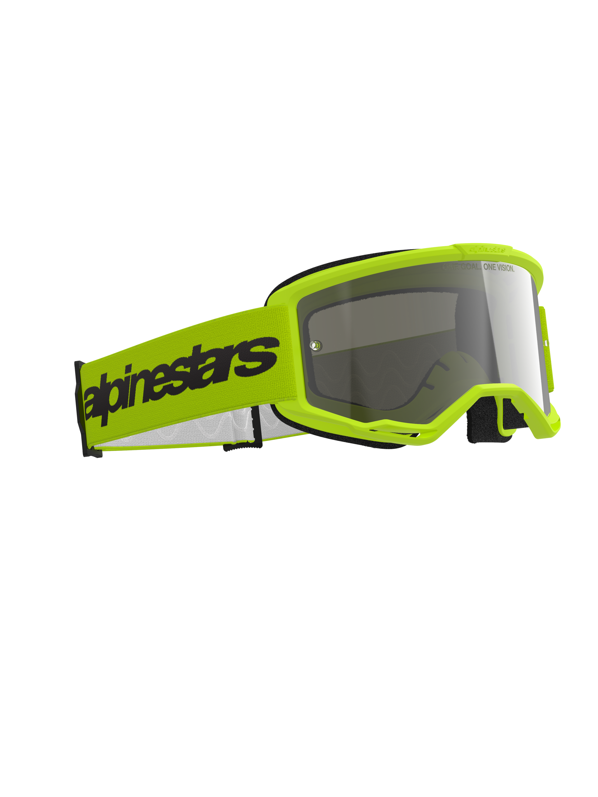 Alpinestars Vision 3 Wordmark Goggles, Motocross Goggles, Yellow Fluo and Mirror Silver, bright yellow frame with reflective silver lens, wide yellow strap with black Alpinestars branding