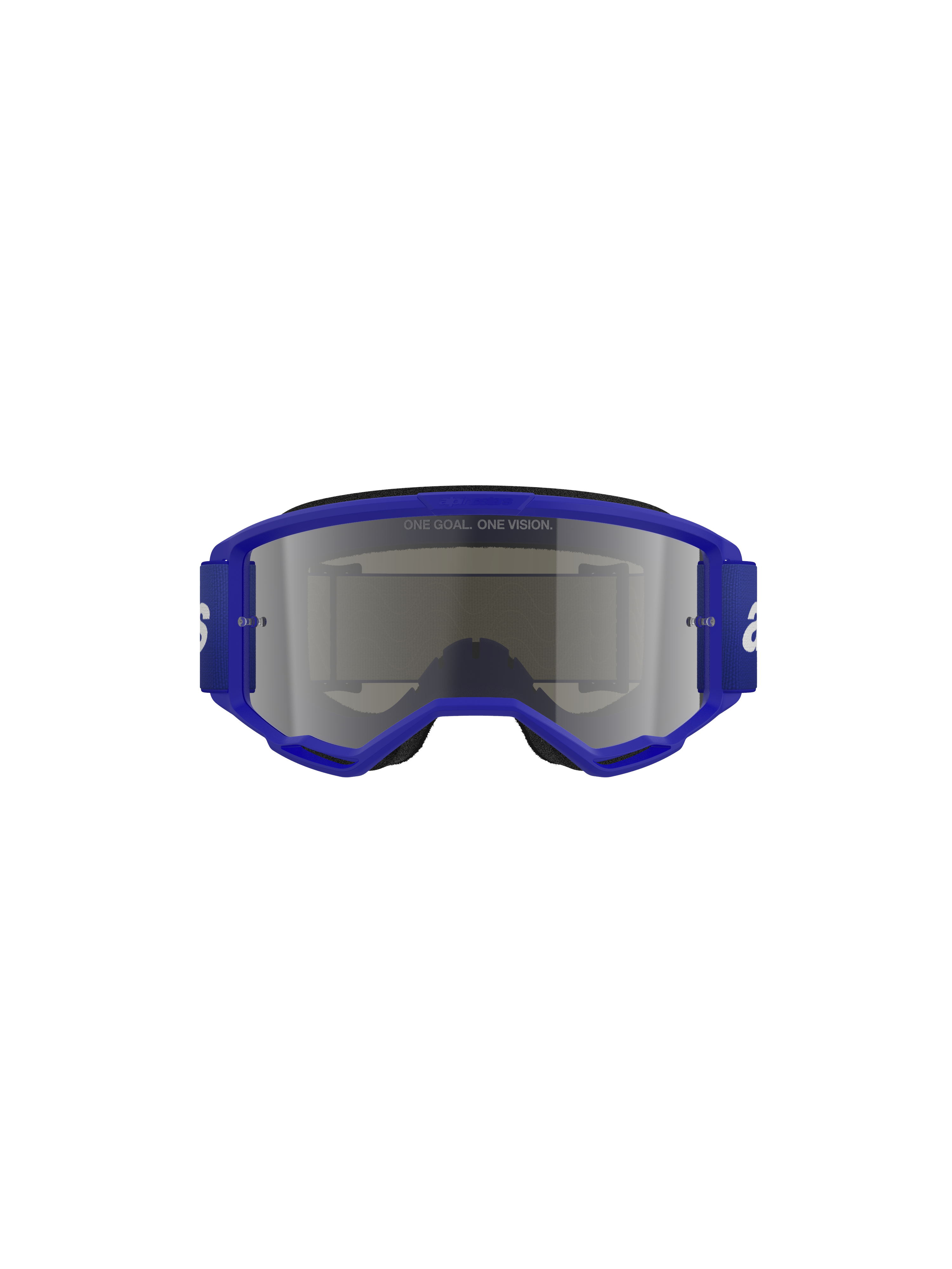Alpinestars Vision 3 Wordmark Goggles, Motocross Goggles, Blue and Silver Mirror, featuring a vibrant blue frame and wide strap with white wordmark branding, silver mirror lens with 'ONE GOAL. ONE VISION.' text, professional off-road protective eyewear.