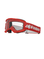 Alpinestars Vision 3 Wordmark Goggles, Motocross Goggles, Red and White, Clear Lens, featuring a wide red strap with bold white wordmark branding, black foam padding, and a ventilated A-FLEX frame for off-road racing.