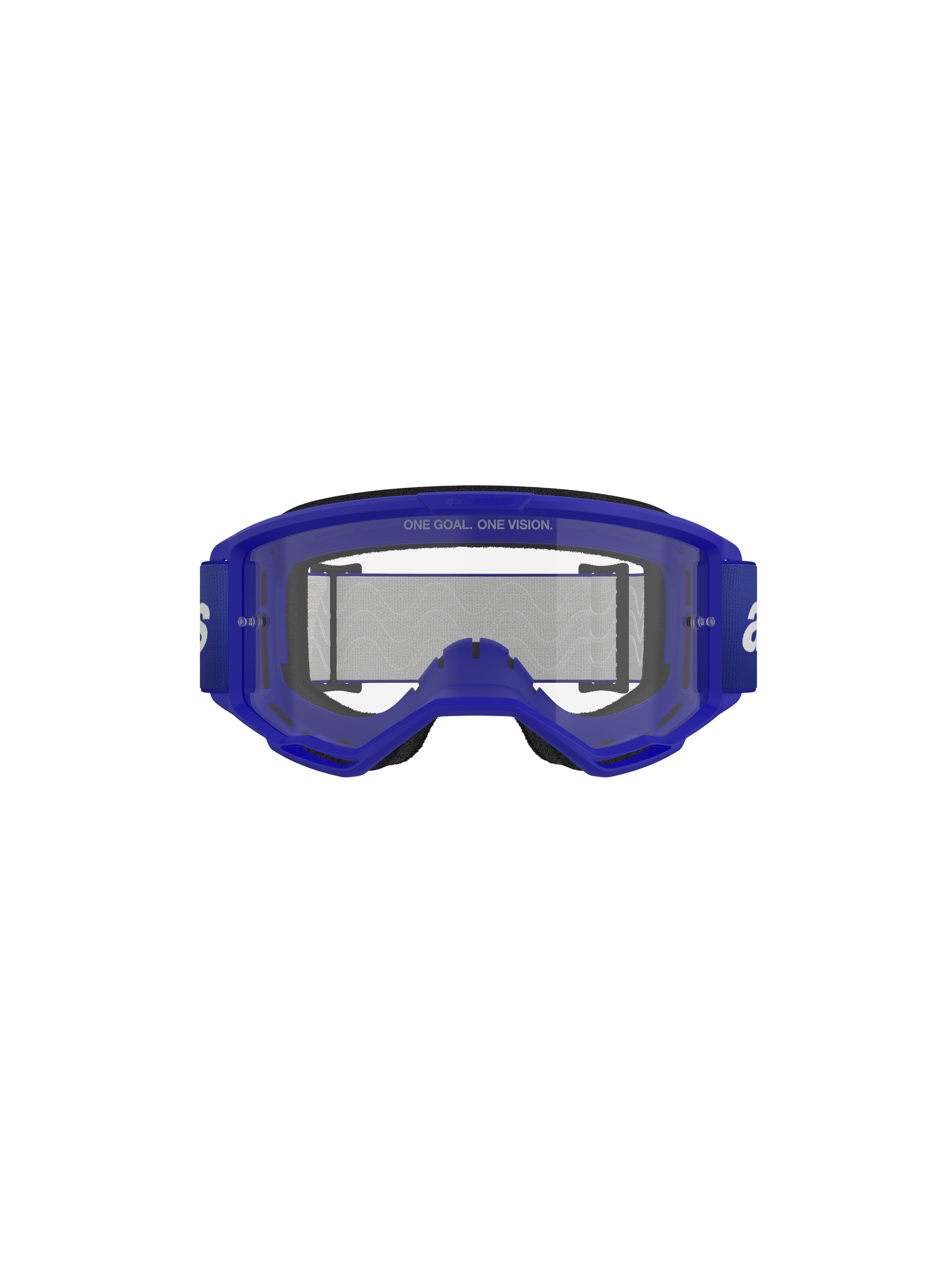 Alpinestars Vision 3 Wordmark Goggles, Motocross Goggles, Blue Clear, front view showing blue A-FLEX frame and clear anti-fog lens with "ONE GOAL. ONE VISION." text, wide blue strap with white branding