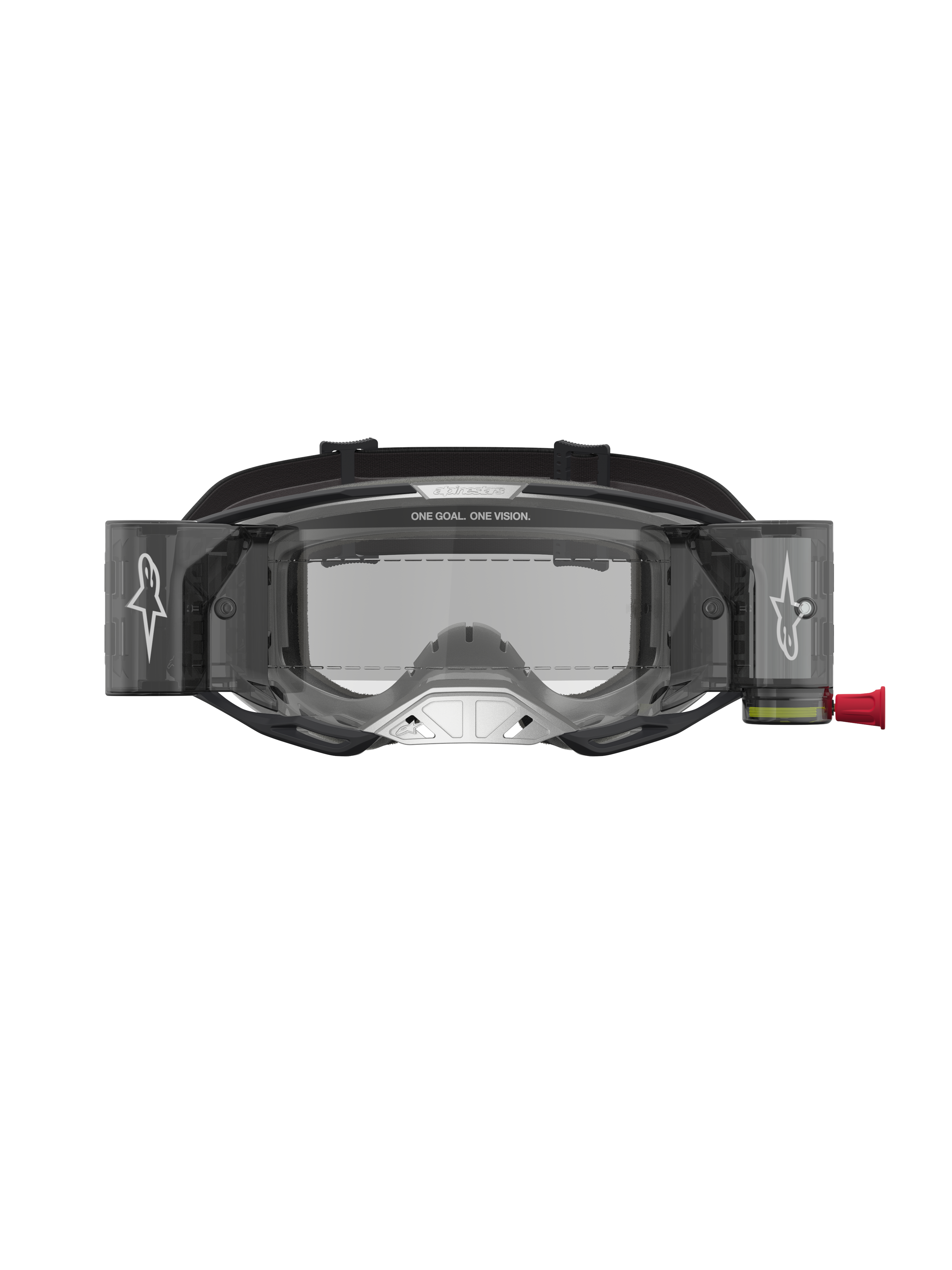 Alpinestars Vision 8 Amber Roll Off Motocross Goggles, Black and Silver frame, integrated roll-off system and clear lens.