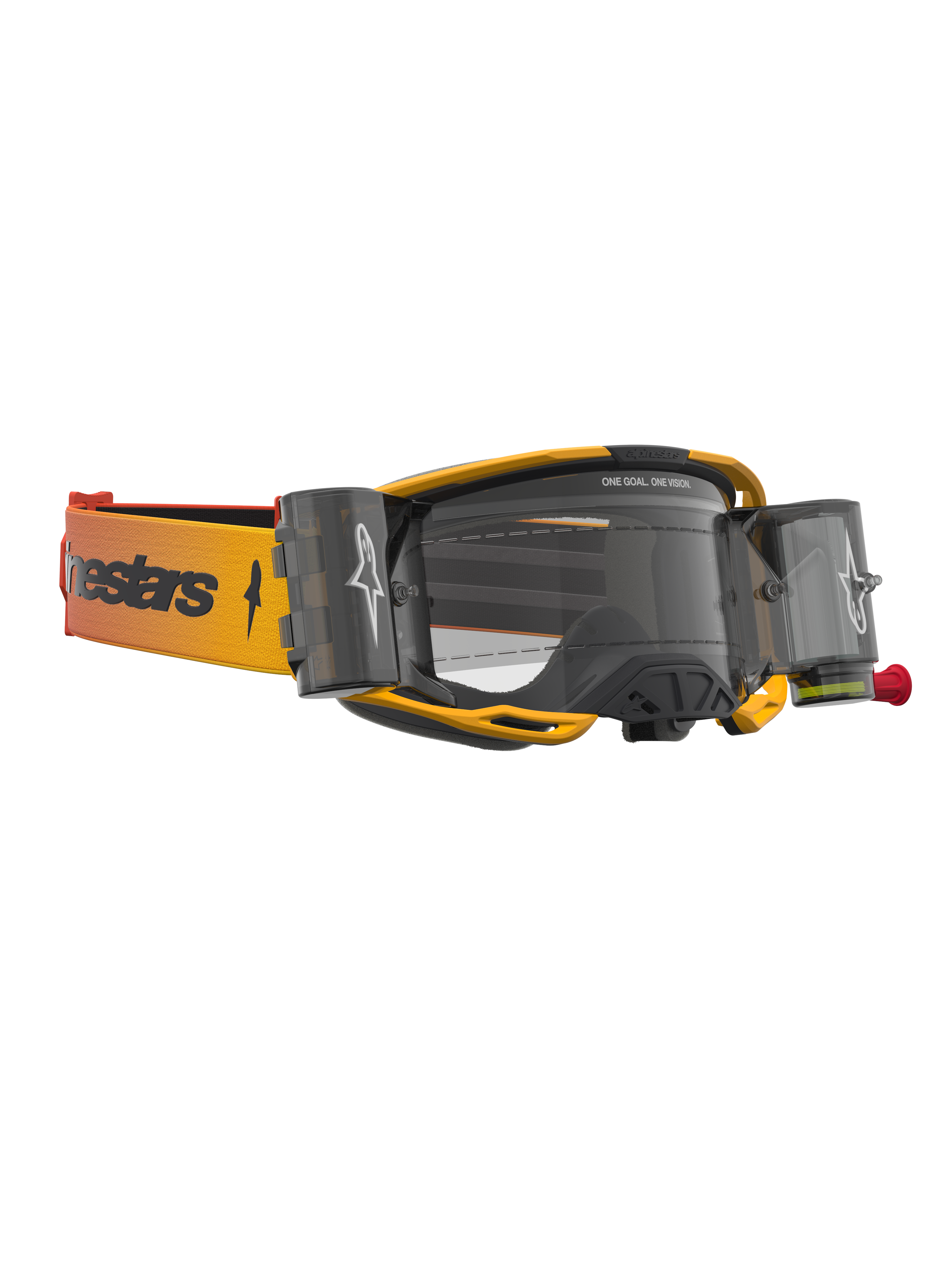 Alpinestars Vision 8 Amber Roll Off Goggles, yellow and black motocross eyewear with clear lens and roll-off canisters.
