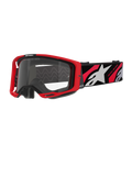 Alpinestars Vision 8 Luar Goggles, Motocross Goggles, Red and Black with Clear Lens, featuring a red A-FLEX frame, clear anti-fog lens, and a black woven strap with red and white graphics and Alpinestars branding
