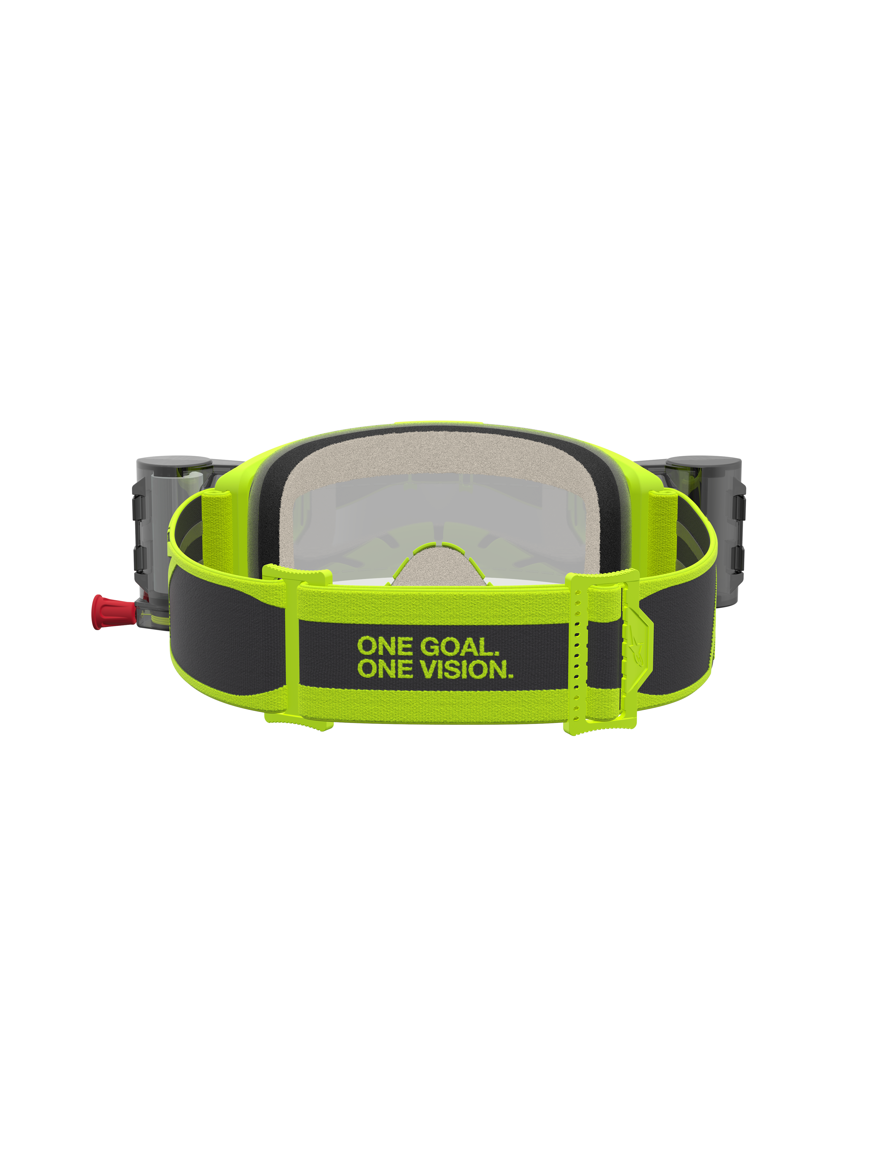 Alpinestars Vision 5 Rora Roll Off Goggles, Motocross Goggles, Yellow Fluo and Black, featuring the rear strap with brand slogan and integrated roll-off canisters.