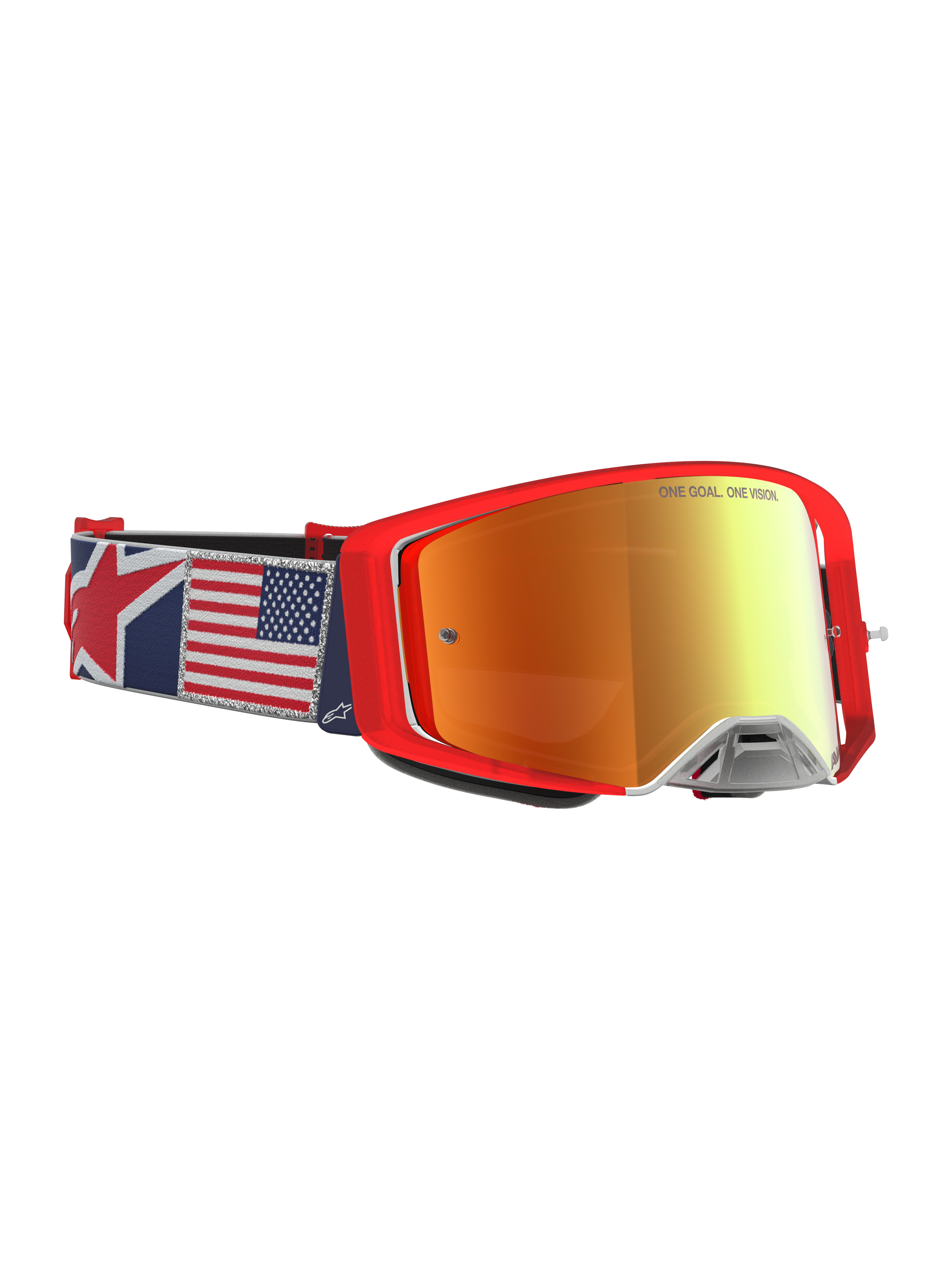 Alpinestars Limited Edition Supertech Fiftyfold Goggles, red motocross goggles with USA flag strap and mirror red lens.