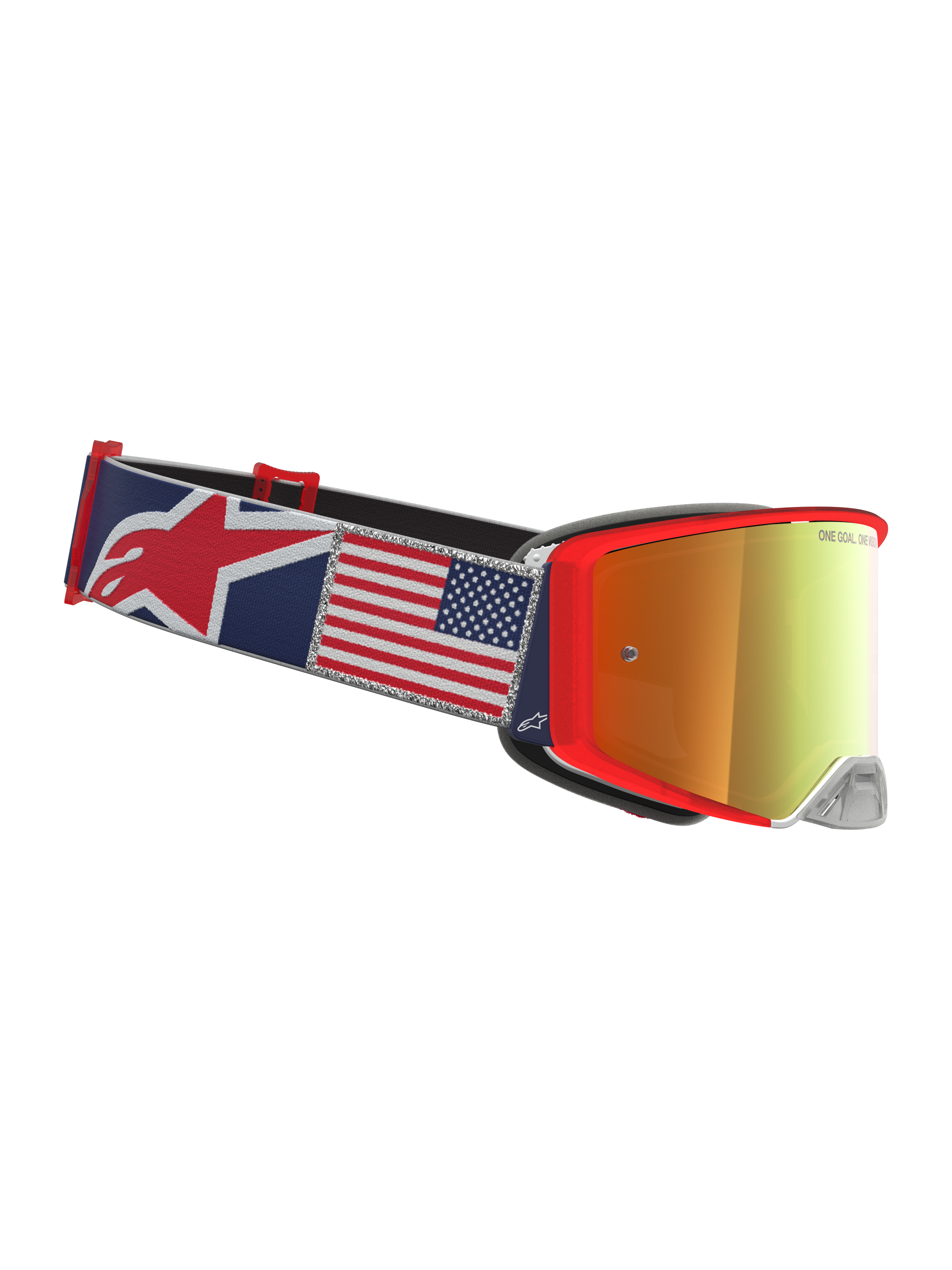 Alpinestars Supertech Fiftyfold Goggles, blue and red motocross goggles with an American flag graphic strap.