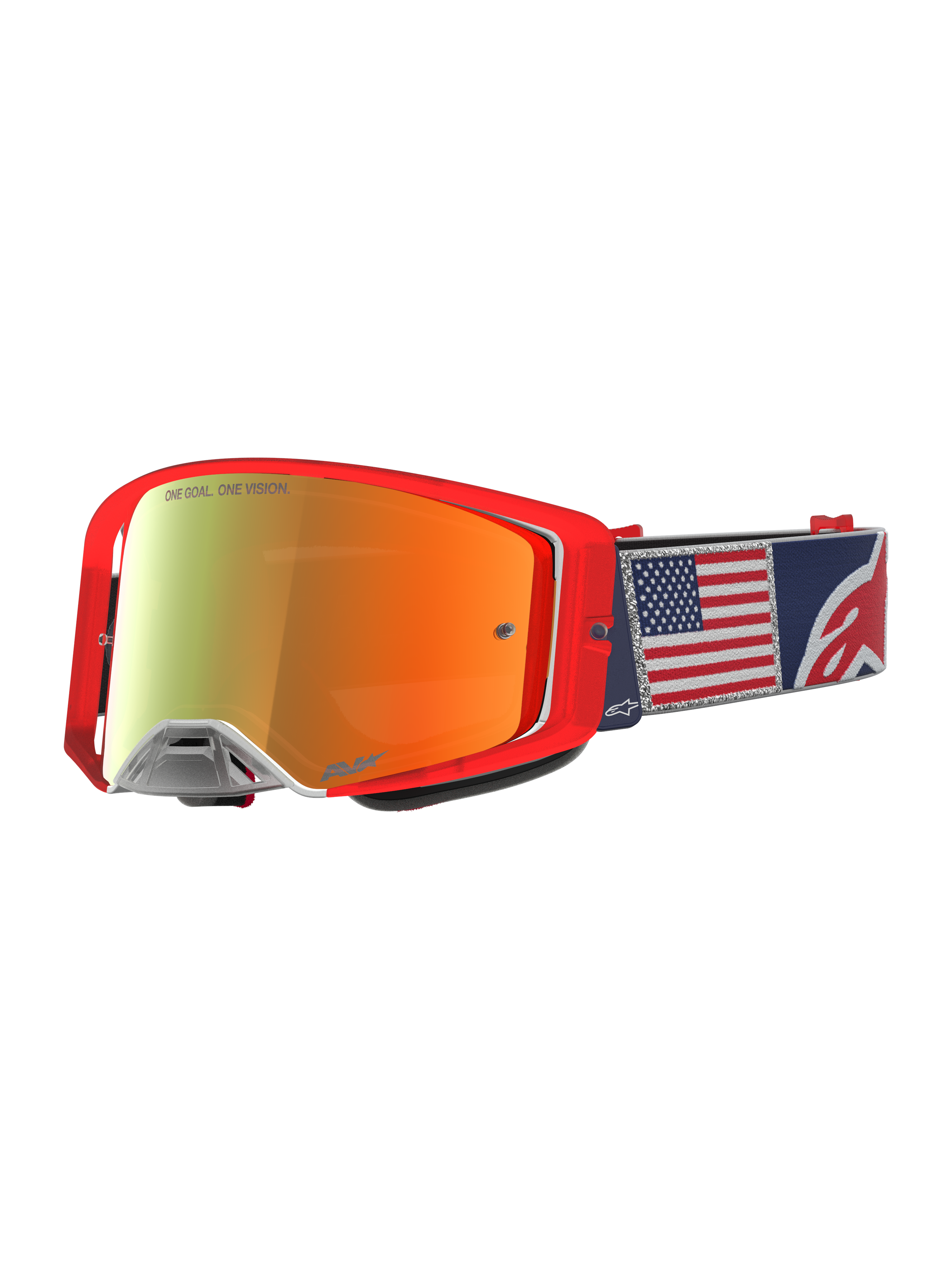 Alpinestars Supertech Fiftyfold Goggles, blue and red limited edition MX eyewear with mirrored lens and USA flag strap.
