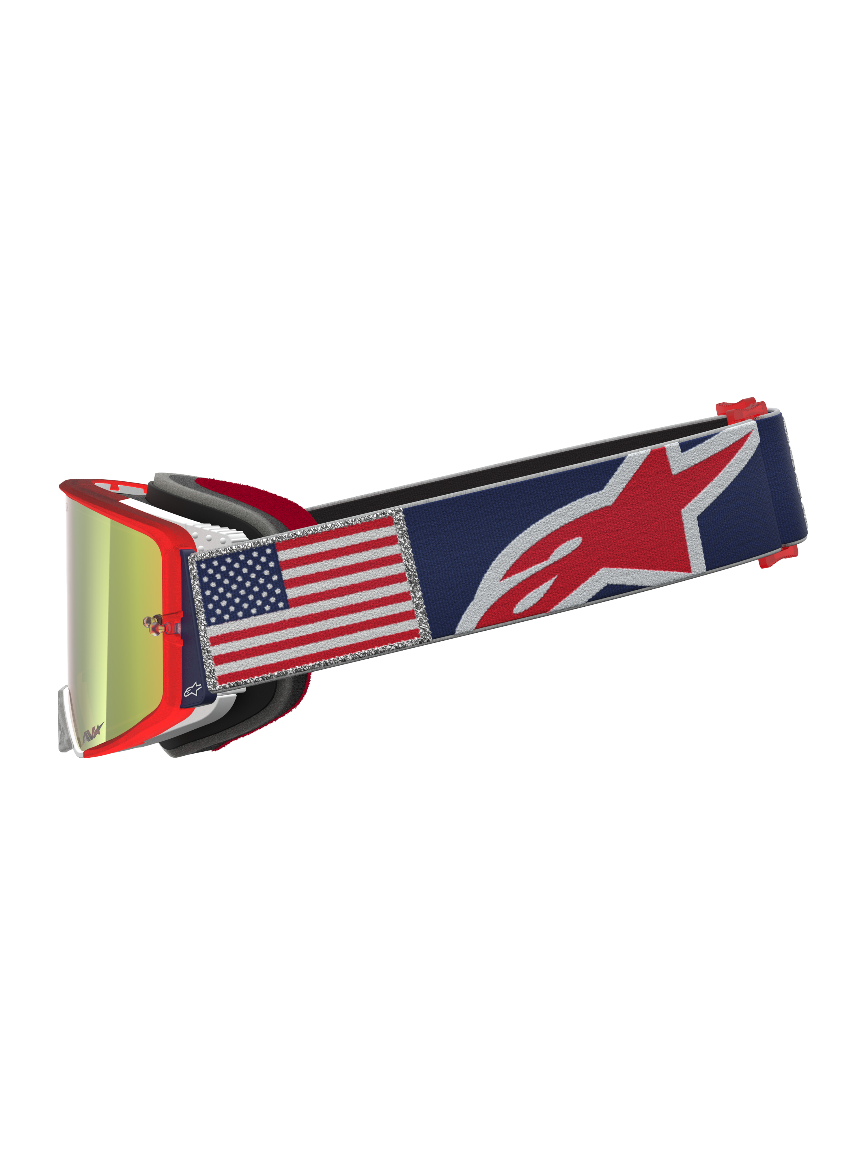 Alpinestars Limited Edition Supertech Fiftyfold Motocross Goggles, red frame with blue US flag strap and mirrored lens.