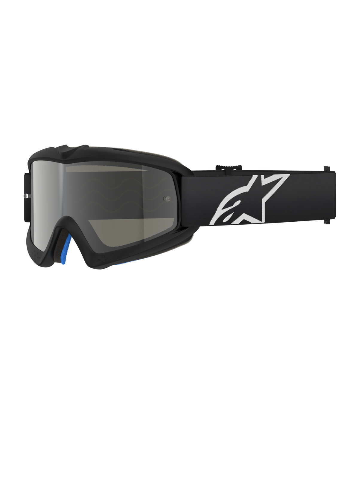 Alpinestars Vision Youth Corp Goggles, Black motocross goggles with a silver mirror lens, youth size, black adjustable strap with white star logo, blue interior foam padding, designed for off-road motorcycle racing