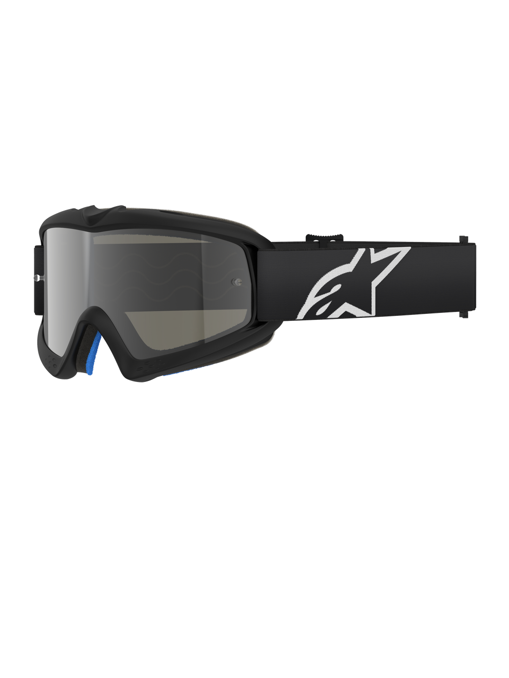 Alpinestars Vision Youth Corp Goggles, Black motocross goggles with a silver mirror lens, youth size, black adjustable strap with white star logo, blue interior foam padding, designed for off-road motorcycle racing