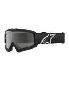 Alpinestars Vision Youth Corp Goggles, Black motocross goggles with a silver mirror lens, youth size, black adjustable strap with white star logo, blue interior foam padding, designed for off-road motorcycle racing