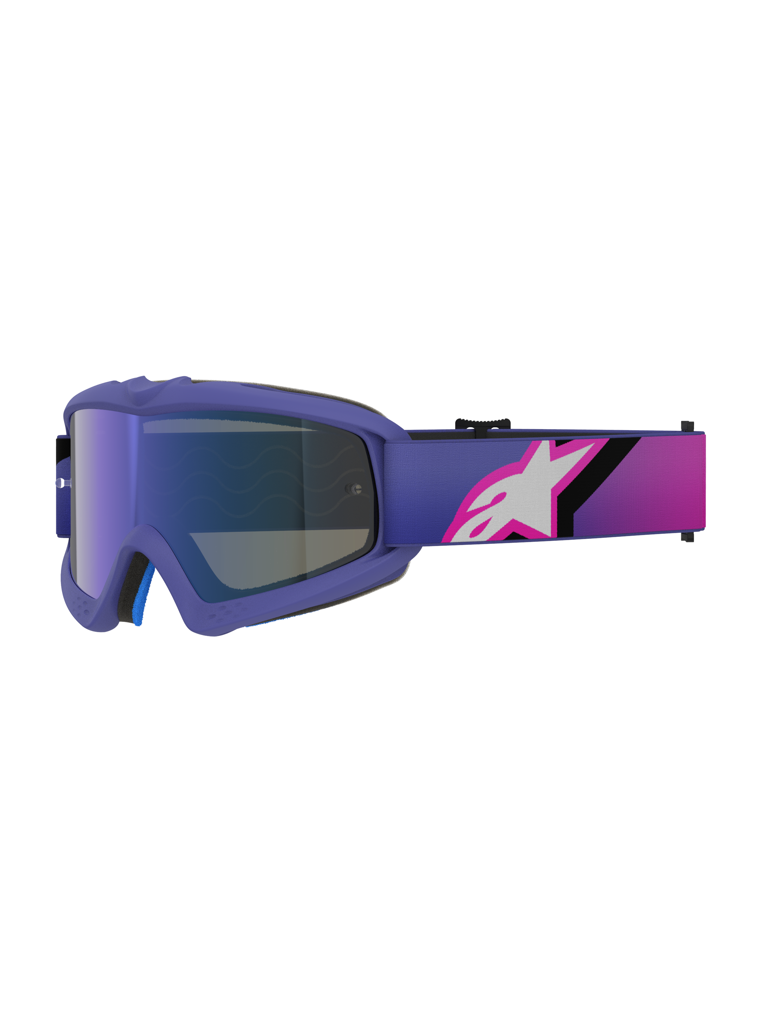 Alpinestars Vision Youth Corp Goggles, Motocross Goggles, Purple and Fluo Pink, featuring a Mirror Blue lens and a gradient strap with a white Alpinestars logo, designed for off-road youth riders