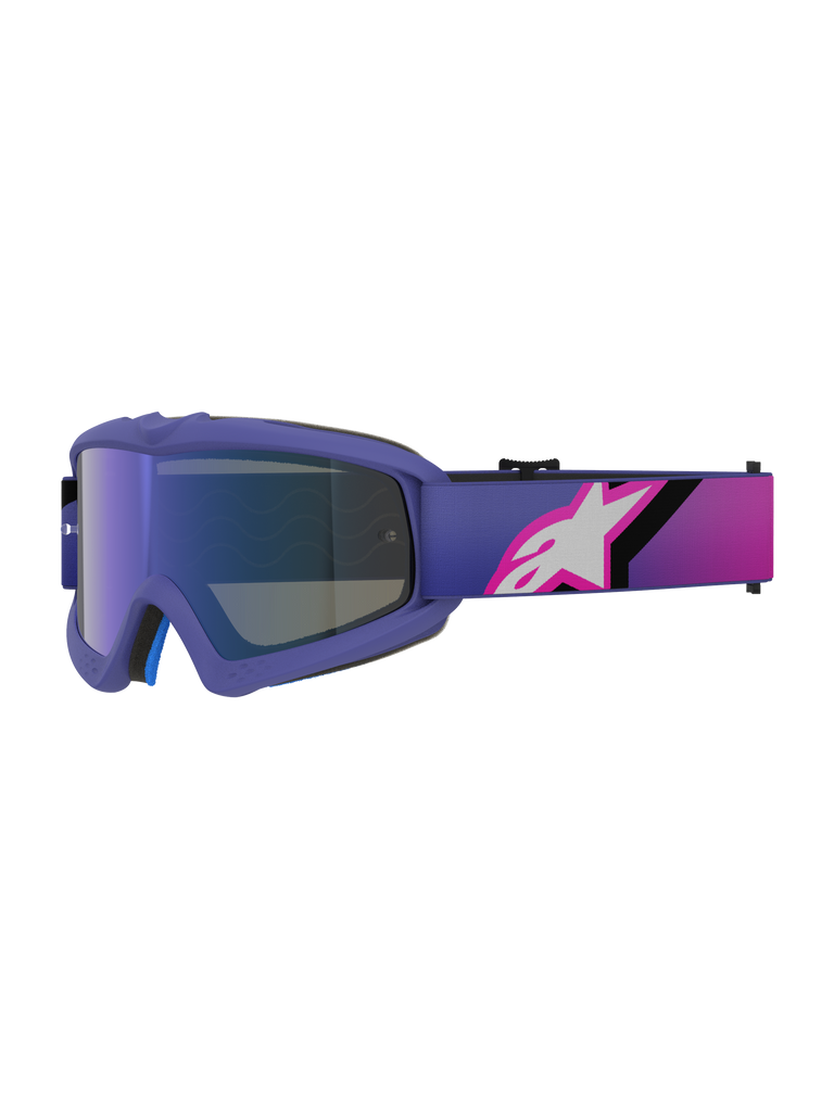 Alpinestars Vision Youth Corp Goggles, Motocross Goggles, Purple and Fluo Pink, featuring a Mirror Blue lens and a gradient strap with a white Alpinestars logo, designed for off-road youth riders