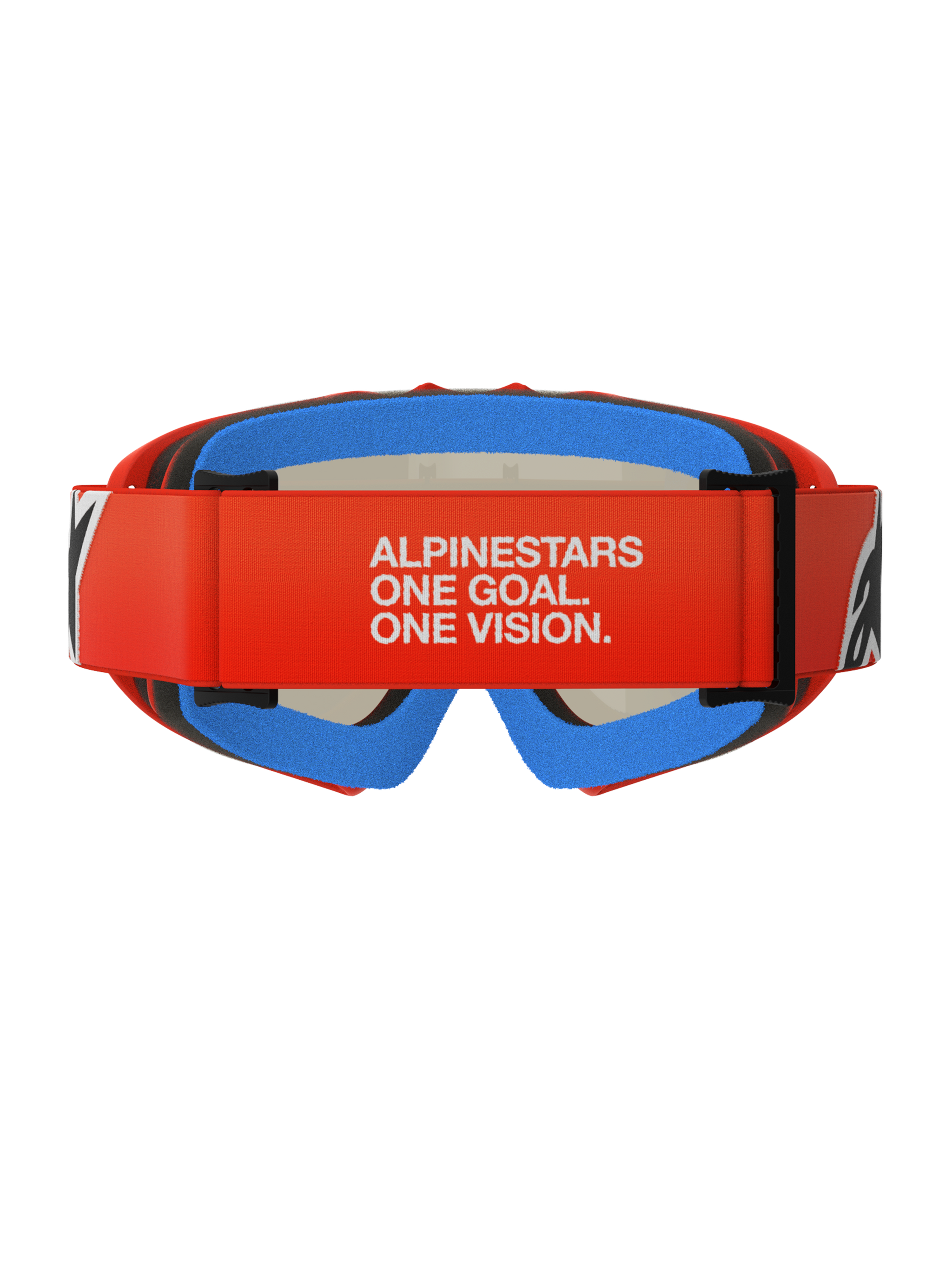 Alpinestars Vision Youth Corp Goggles, Youth Motocross Goggles, Orange and Red with Blue foam, rear view featuring wide red strap with white 'ALPINESTARS ONE GOAL. ONE VISION.' branding, multi-layer comfort foam for secure fit