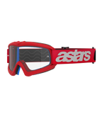 Alpinestars Vision Youth Blaze Goggles, Youth Motocross Goggles, Red and White, Clear lens with tear-off posts, blue interior padding, red strap with white branding and silicone wave pattern for grip, high-performance eye protection for youth off-road racing