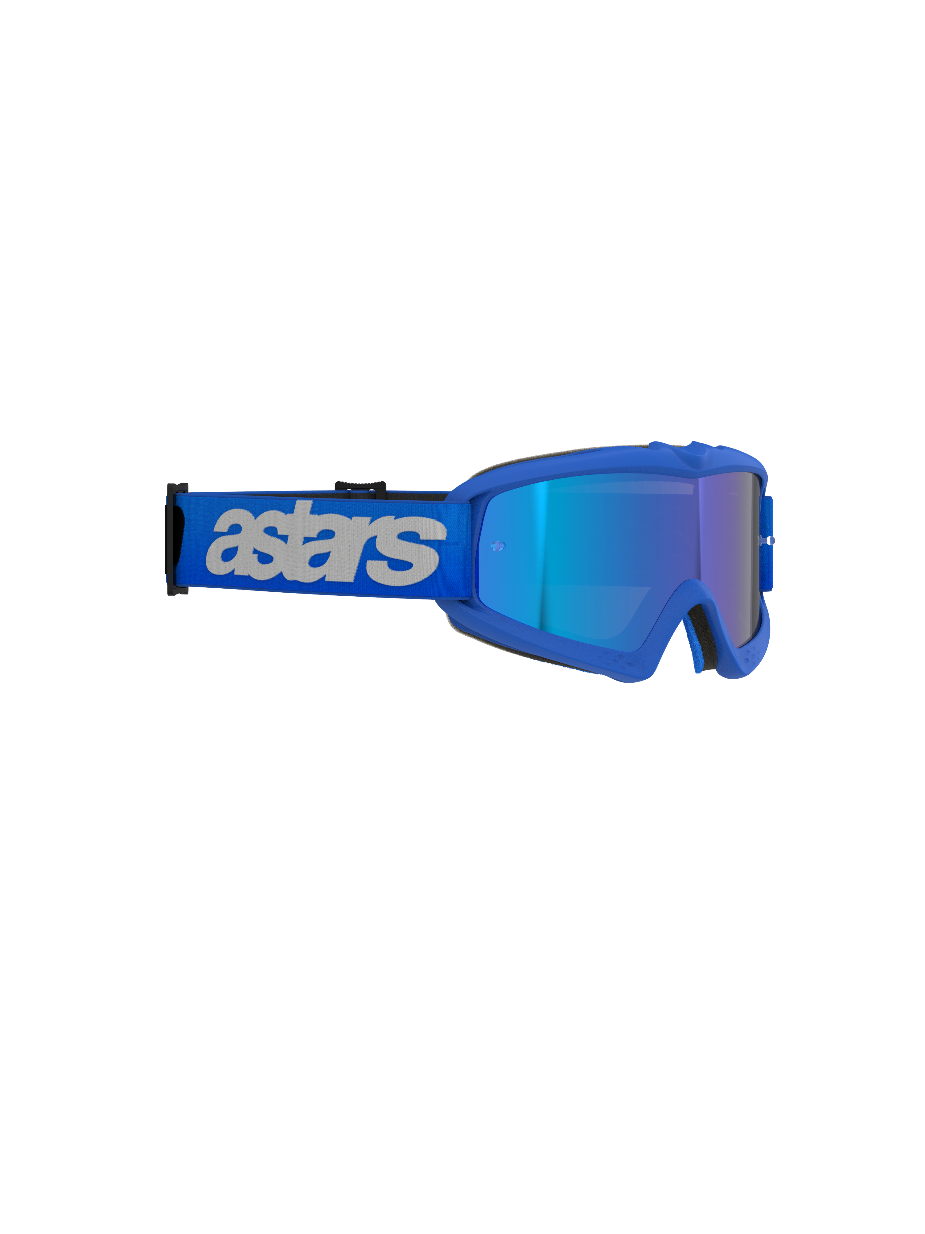 Alpinestars Vision Youth Blaze Goggles, Motocross Goggles, Blue Mirror Blue, vibrant blue frame with mirrored lens, wide blue strap featuring light gray 'astars' branding, high-performance eye protection for young off-road riders