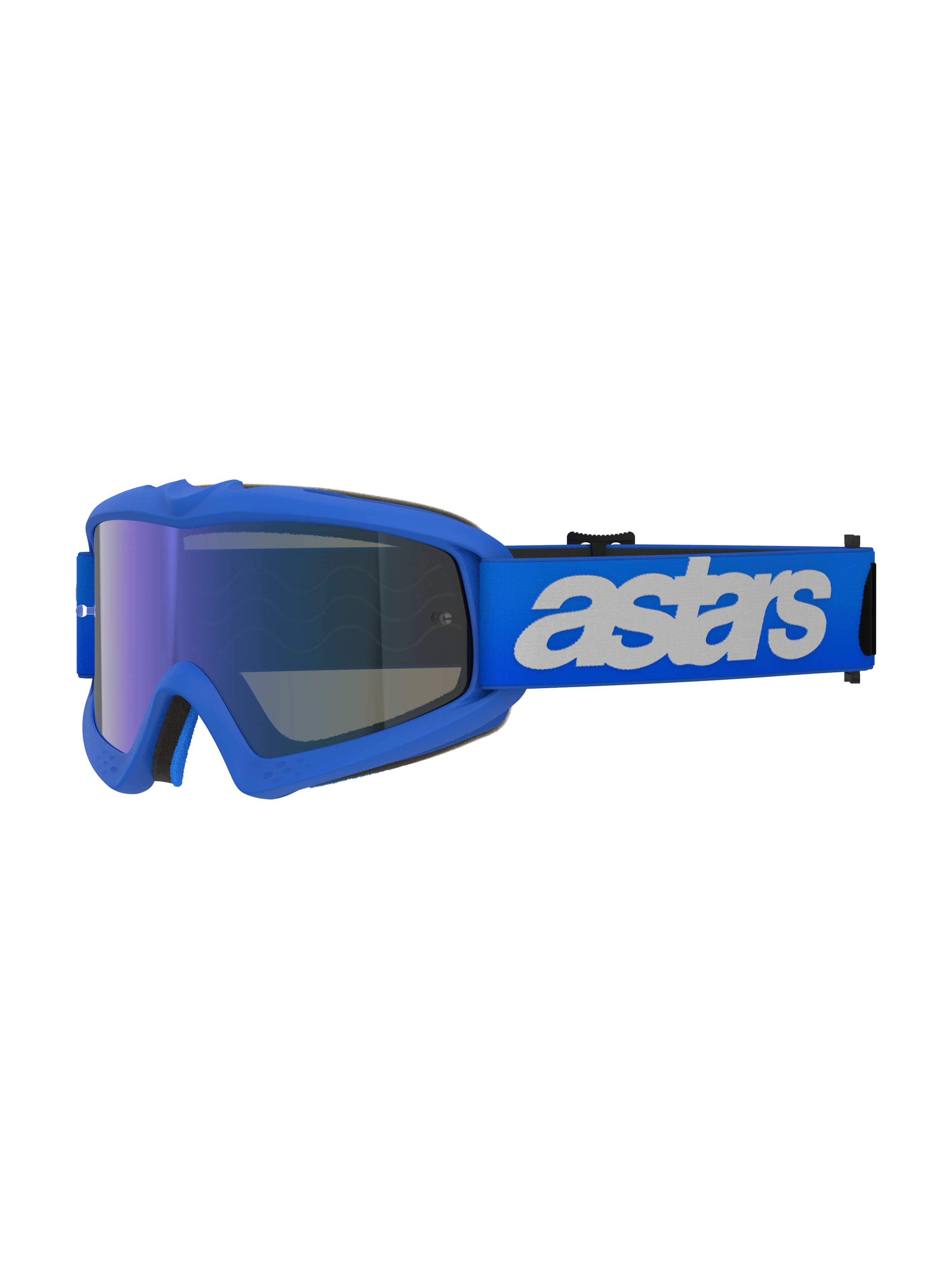 Alpinestars Vision Youth Blaze Goggles, Motocross Goggles, Blue Mirror Blue, blue frame with blue mirrored anti-fog lens, adjustable blue strap with white "astars" logo, specialized protective eyewear for youth riders