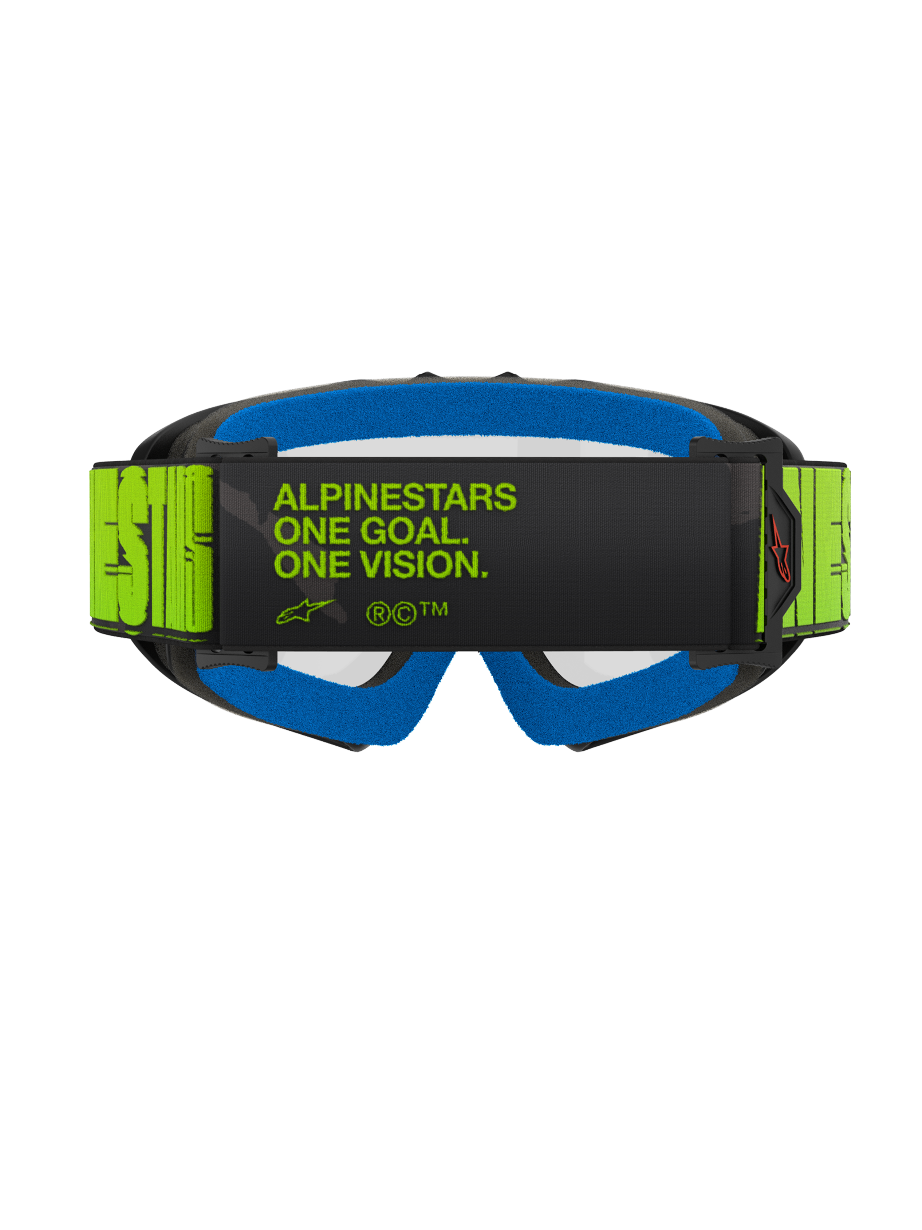 Alpinestars Vision Youth Hollow Goggles, Motocross Goggles, Charcoal and Fluo Yellow, rear view featuring the 'ALPINESTARS ONE GOAL. ONE VISION.' slogan on the strap, bright blue face foam, youth-specific motocross eyewear