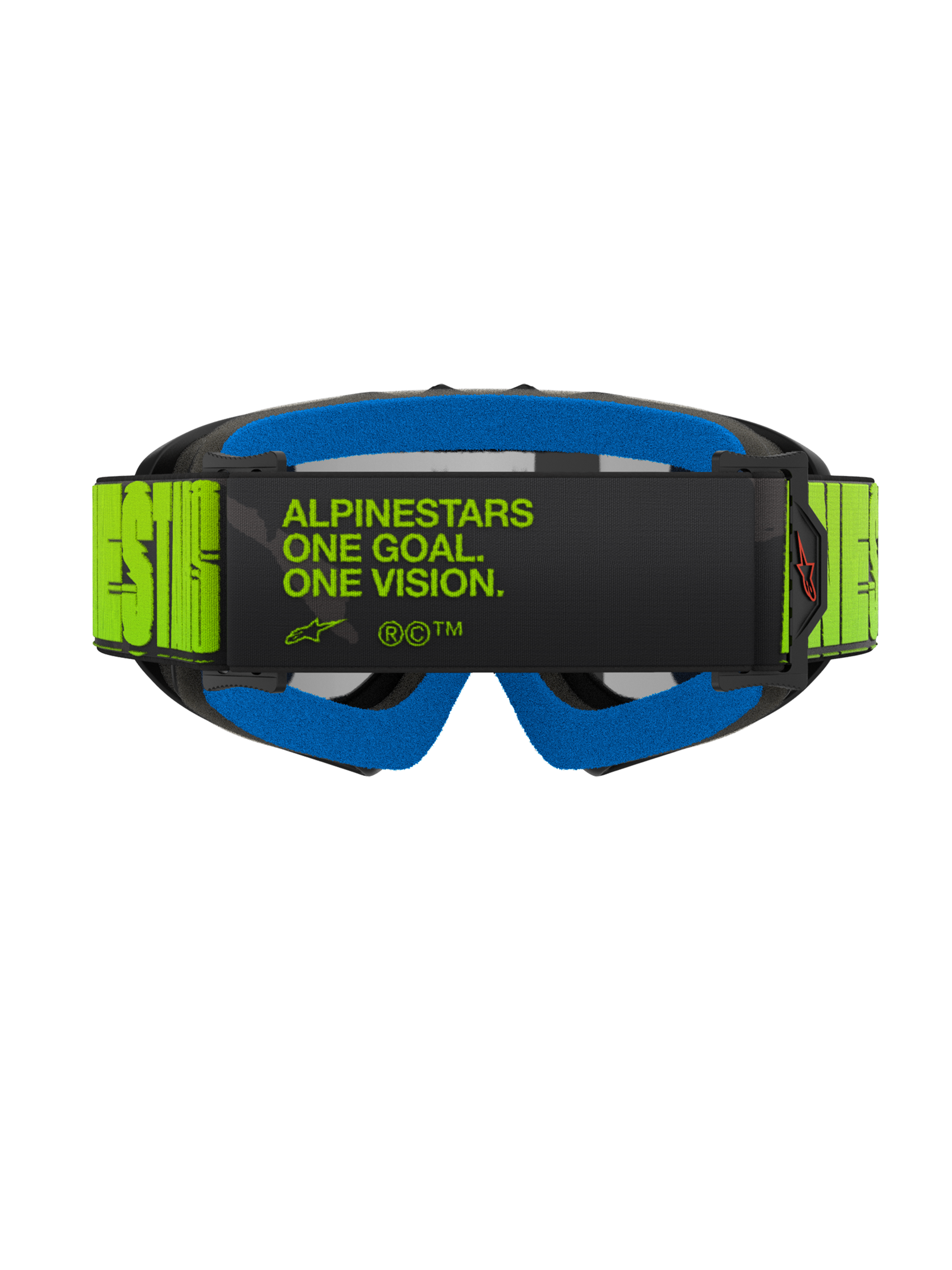 Alpinestars Vision Youth Hollow Goggles, Rear view featuring a fluorescent yellow strap with black 'One Goal. One Vision.' text, blue face foam, and charcoal frame, professional youth motocross goggles