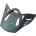 Alpinestars S-M8 Helmet Visor, Radium Blue Gray Green, dark gray replacement peak with a teal Alpinestars star logo, featuring geometric cutouts and an angular matte design for motocross helmets